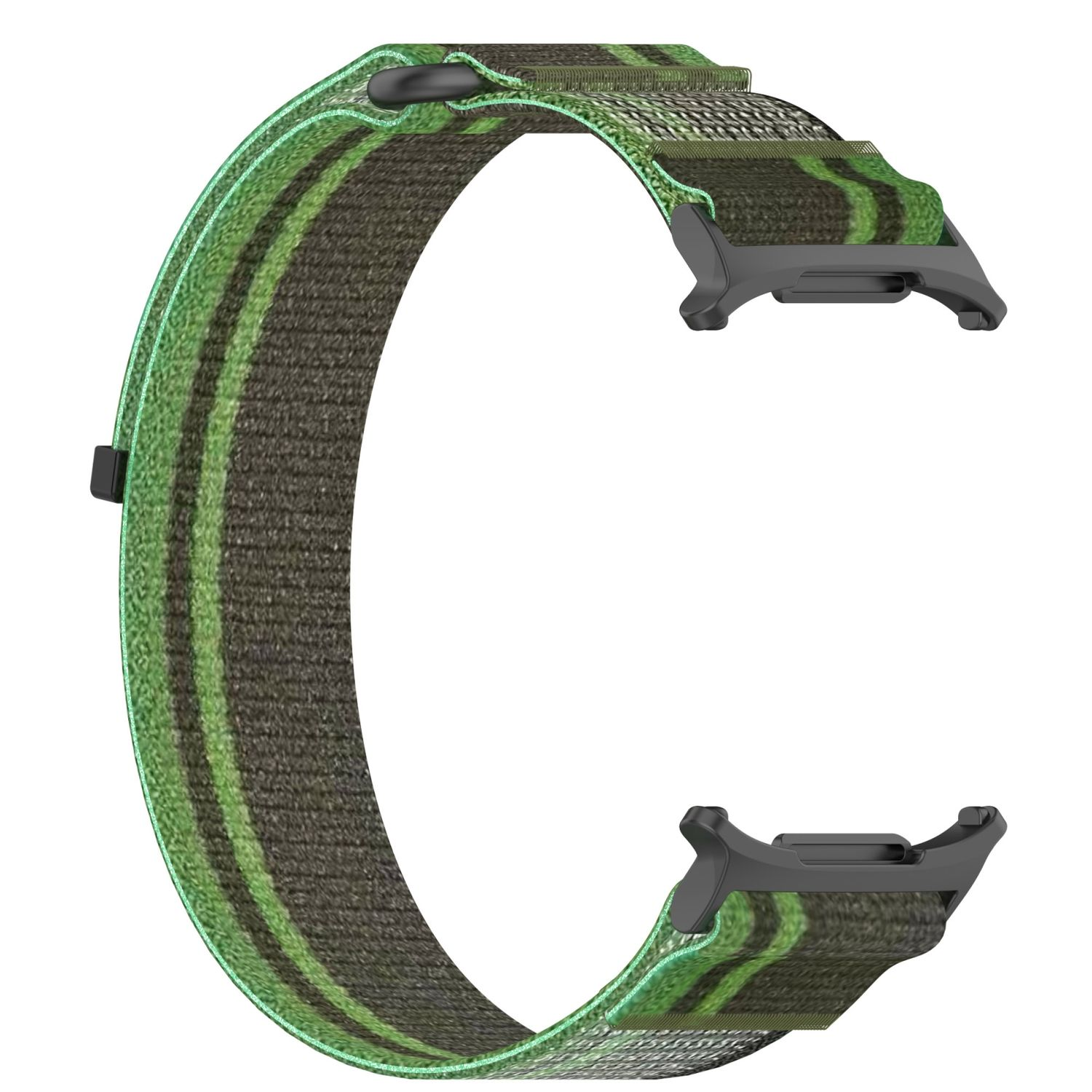 Grün-schwarzes Stoff-Uhrenarmband mit schwarzen Anschlüssen, C-förmig.