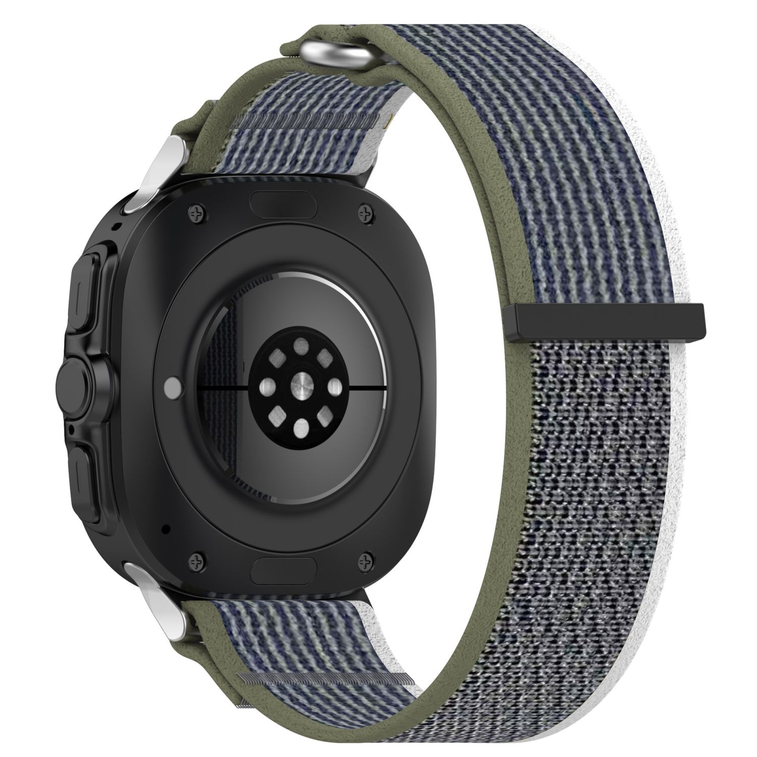 Schwarze Smartwatch mit gestreiftem Armband. Die Rückseite zeigt Sensoren. Das Armband ist olivgrün und blau.