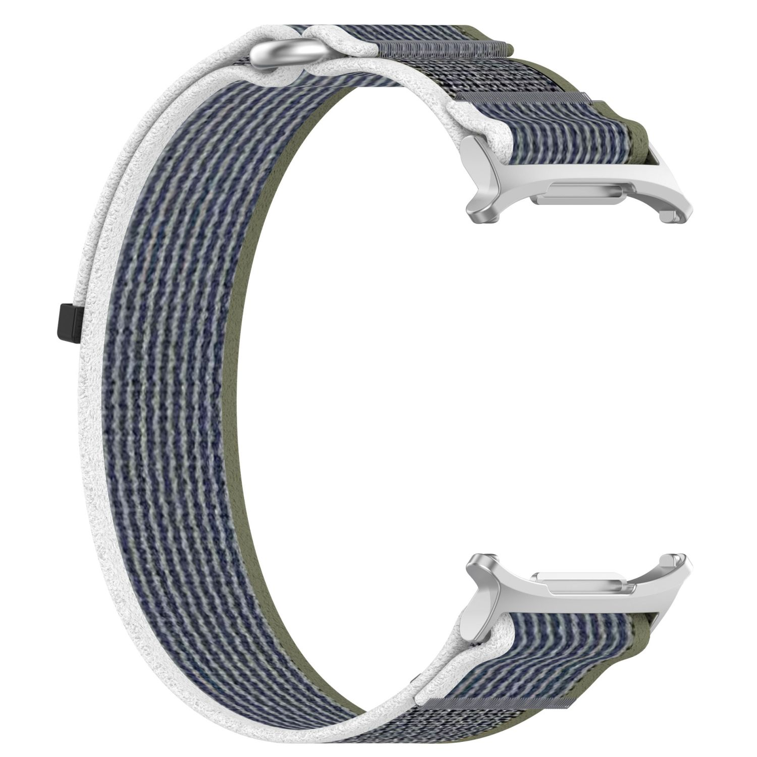 Ein Uhrenarmband mit blau-weiß gestreiftem Muster, mit silbernen Verschlüssen an beiden Enden.