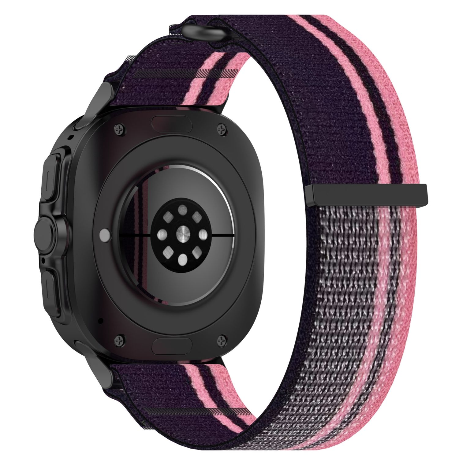 Eine schwarze Smartwatch mit einem rosa-schwarz gestreiften Armband.