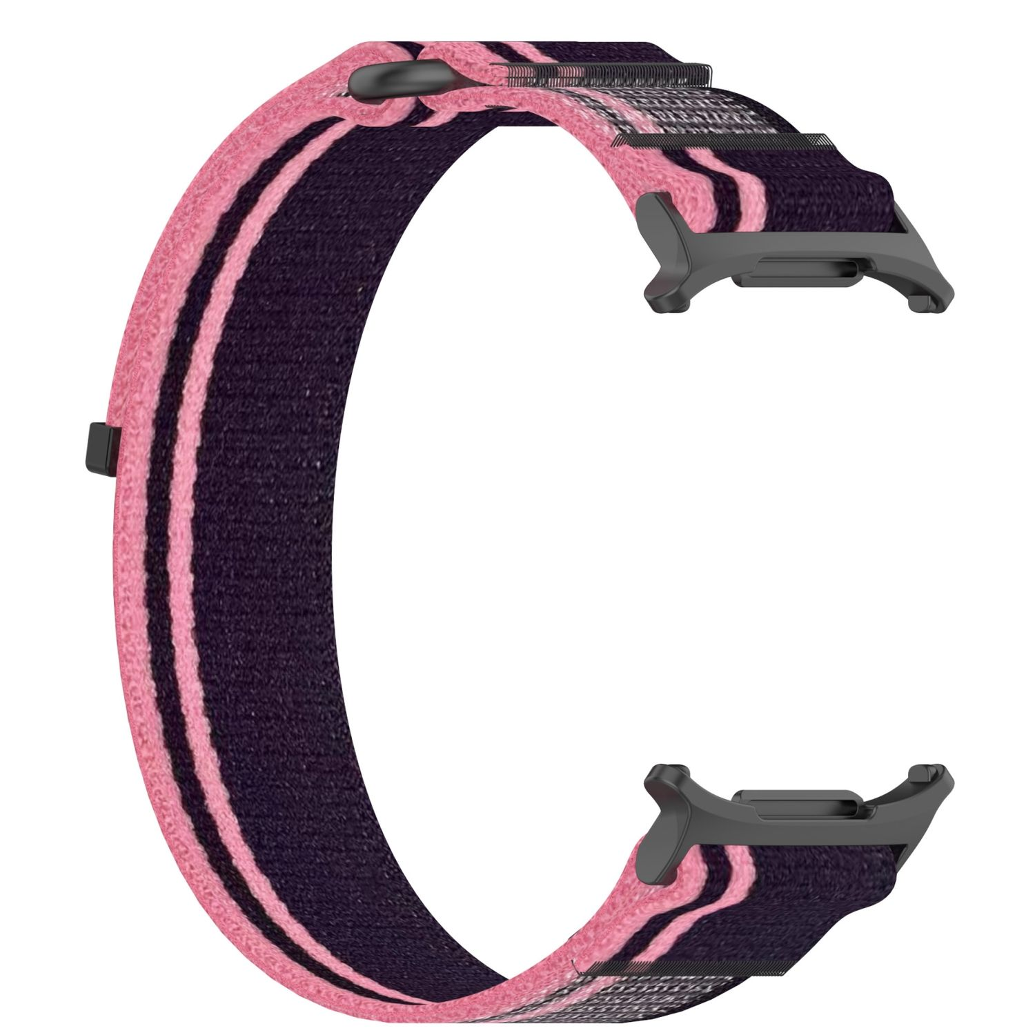 Nahaufnahme eines Uhrenarmbands. Rosa und schwarzes Streifenmuster. Schwarzer Stecker.