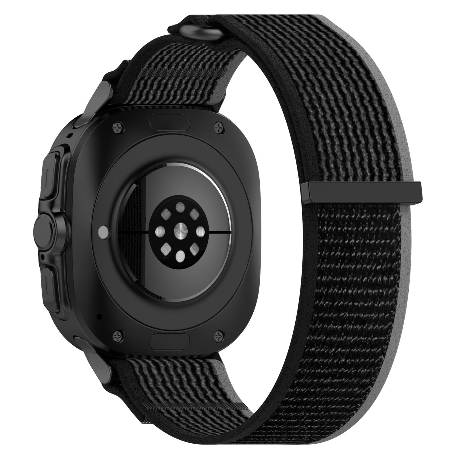 Schwarze Smartwatch-Rückansicht mit Band, zeigt Sensoren und Ladekontakte.