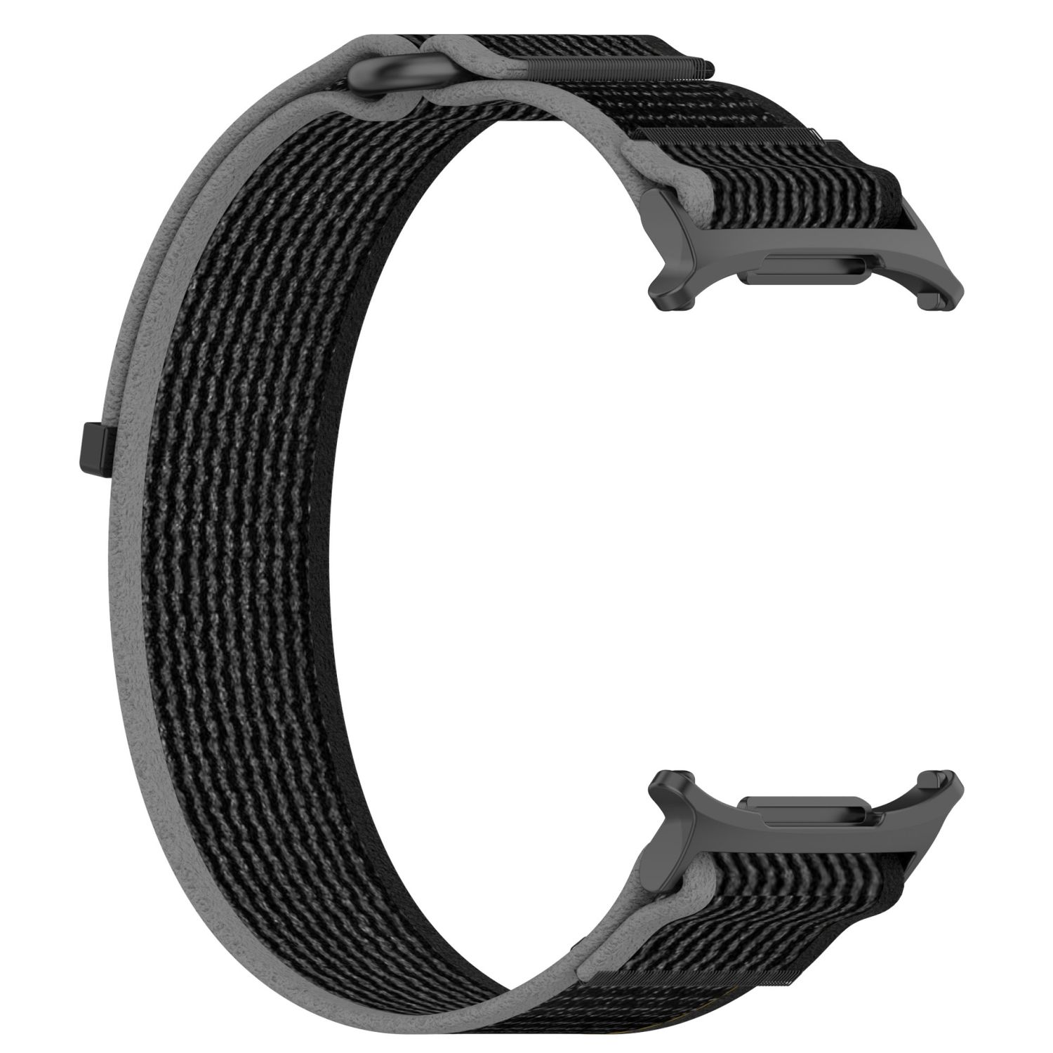 Schwarz-graues Uhrenarmband mit strukturiertem Muster und schwarzer Schnalle, isoliert.