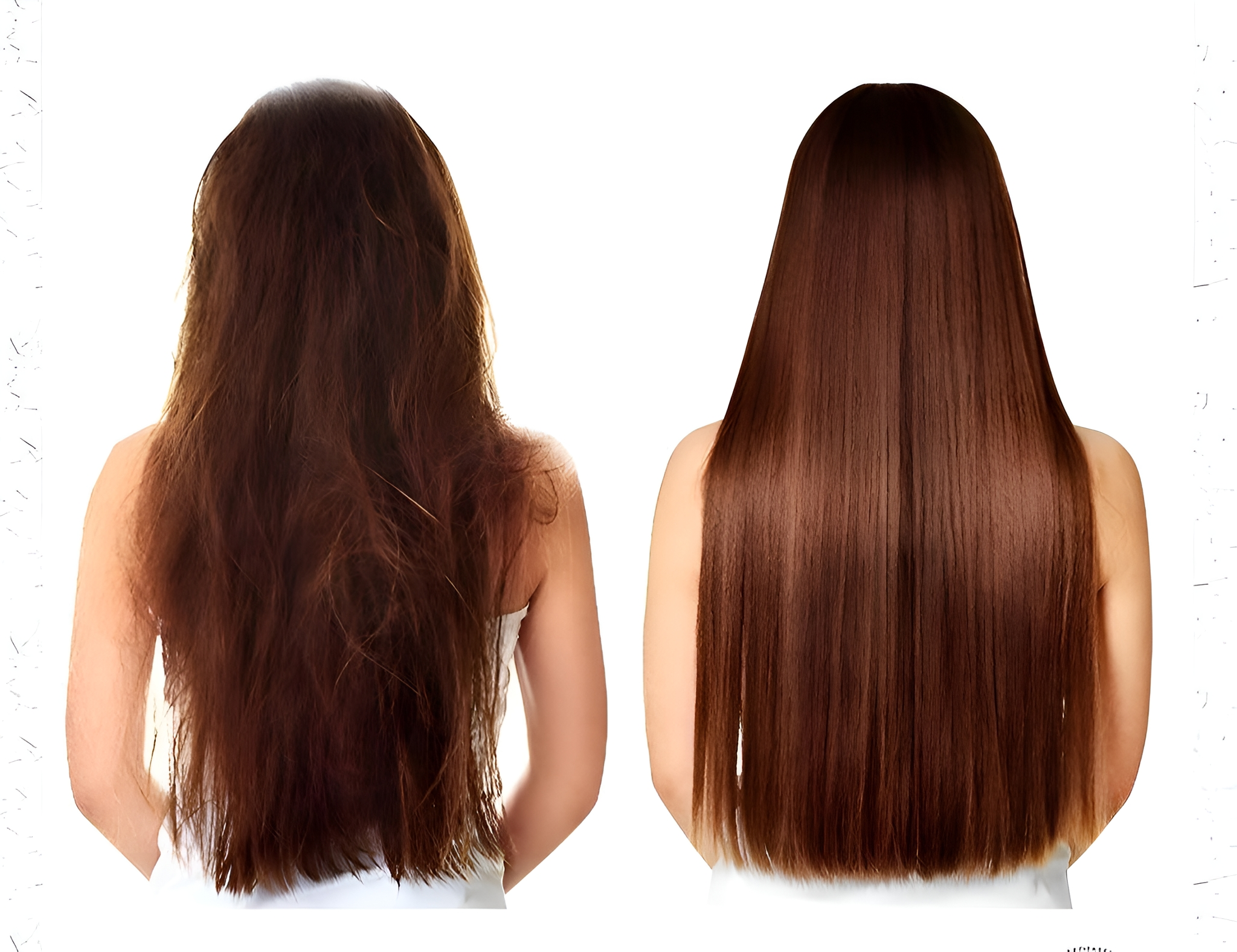 Vorher-Nachher-Bilder von Haaren, die trockenes, krauses und glattes, glattes Haar zeigen.