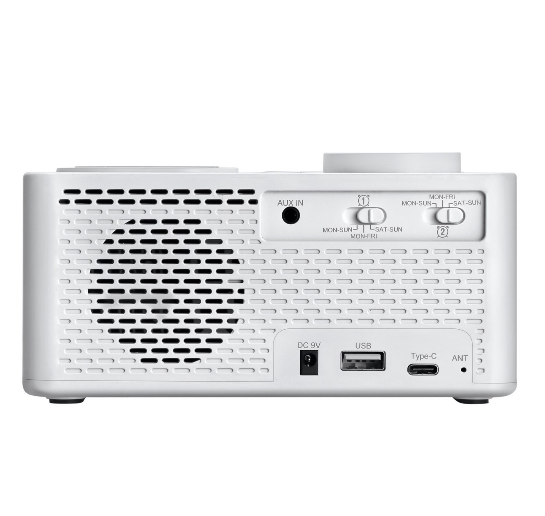 Ein weißes Radio mit Knöpfen und Anschlüssen. Es hat eine Frontplatte mit Lautsprecher.