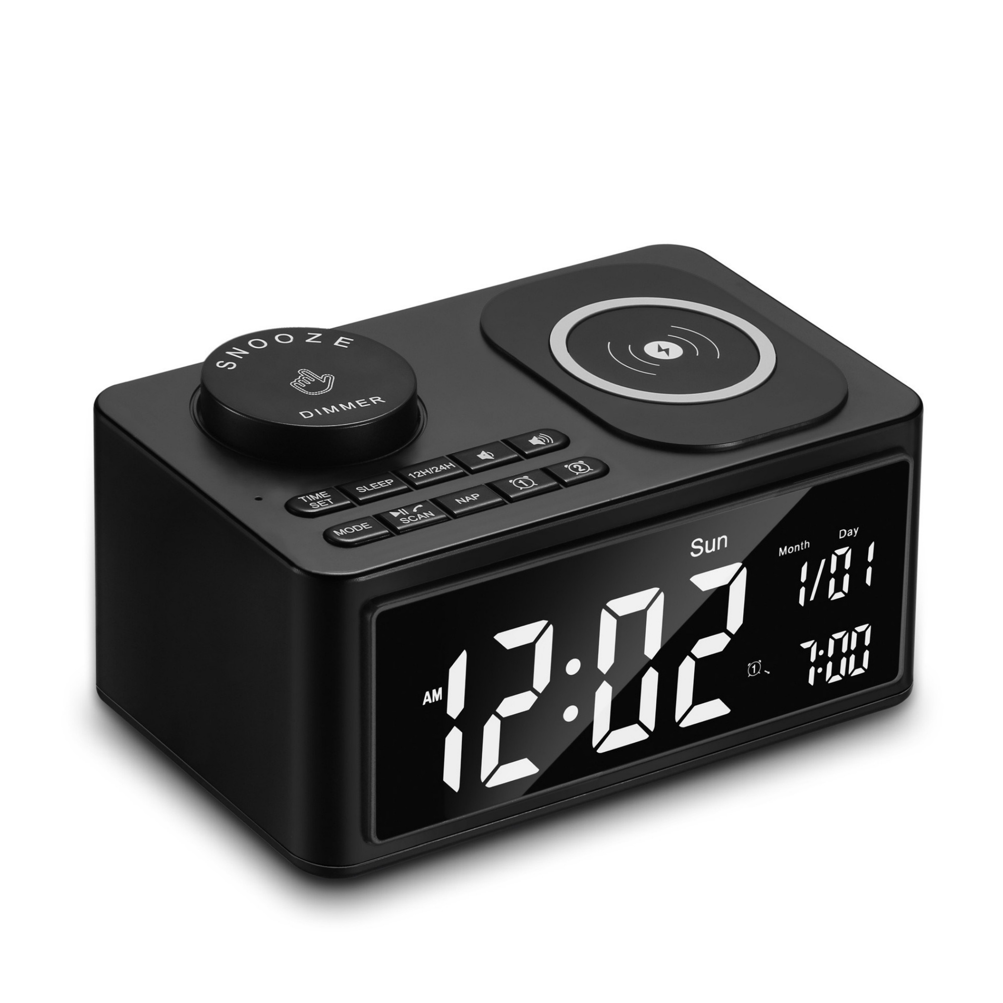 Schwarzer digitaler Wecker mit Schlummertaste und kabelloser Ladestation. Zeigt 12:02 AM.