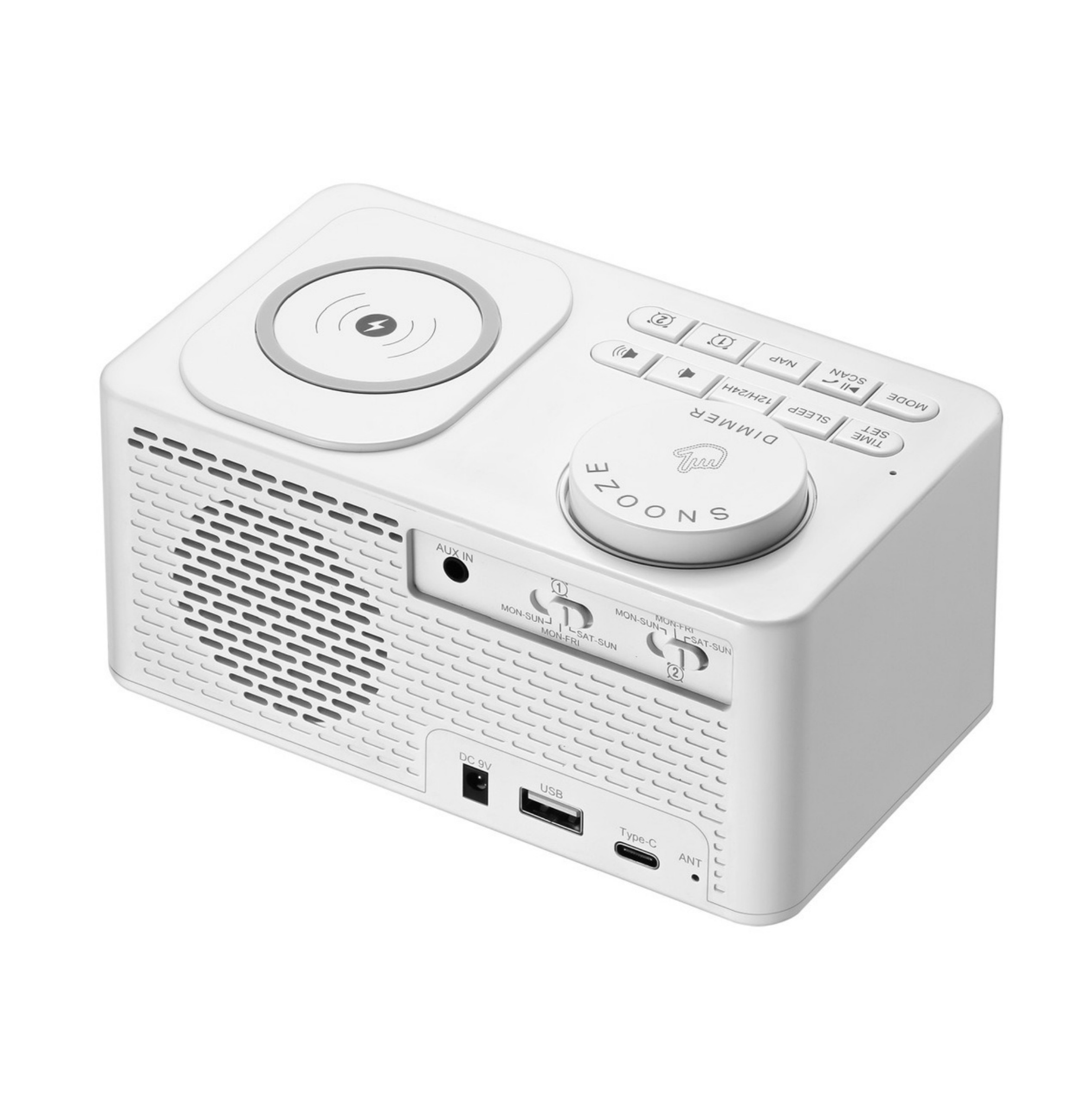 Weißes Nachttischradio mit kreisförmiger Oberseite, Knöpfen und Display. Text: Schlummerfunktion, Dimmer usw.