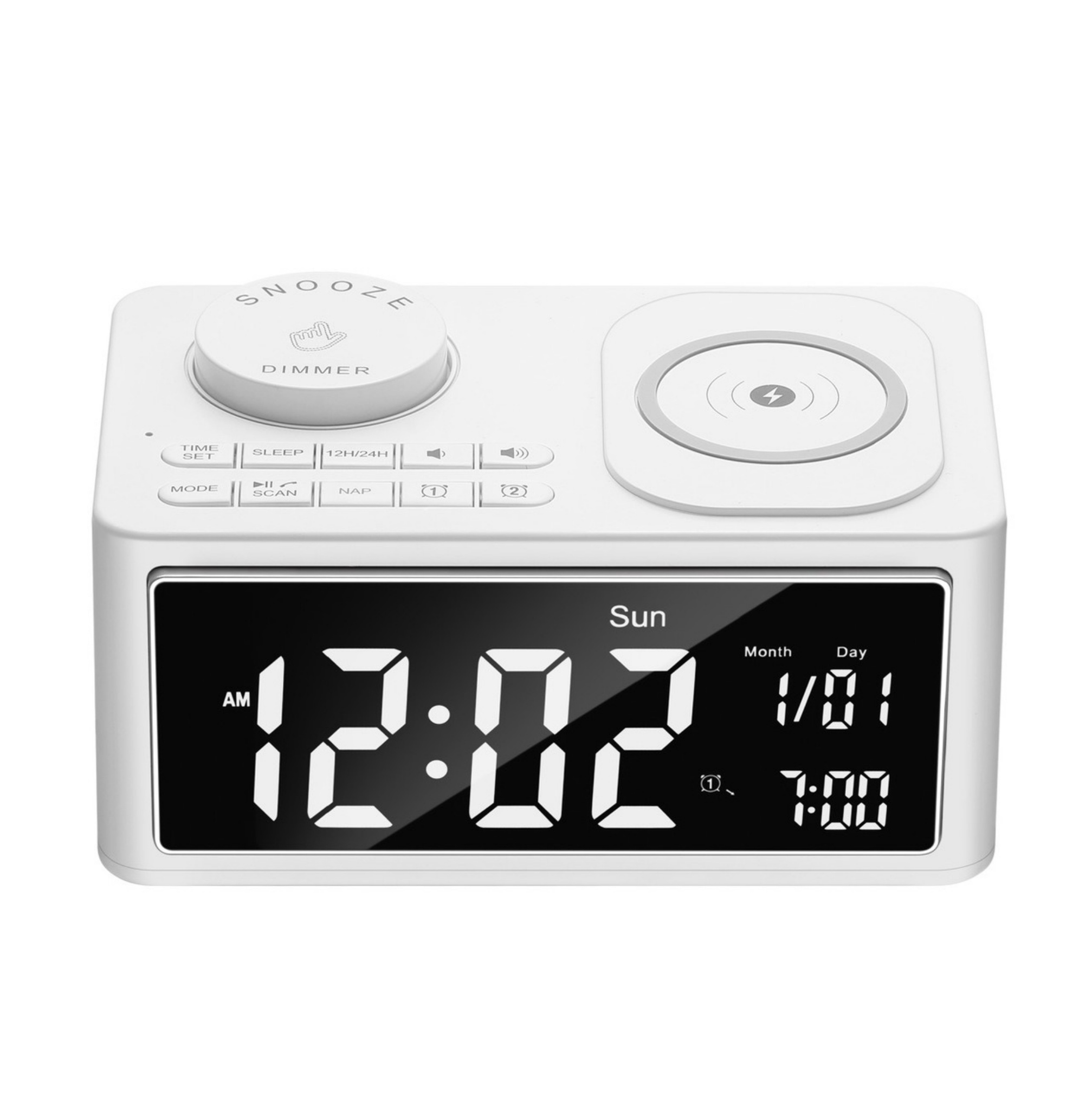 Weißer digitaler Wecker mit großem Display, das Zeit und Datum anzeigt, mit Bedienelementen.