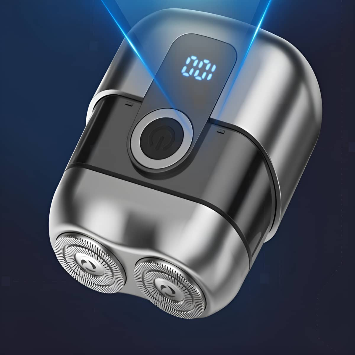 Ein silberner und schwarzer Elektrorasierer mit zwei rotierenden Köpfen, Digitalanzeige und blauen Lichtern.