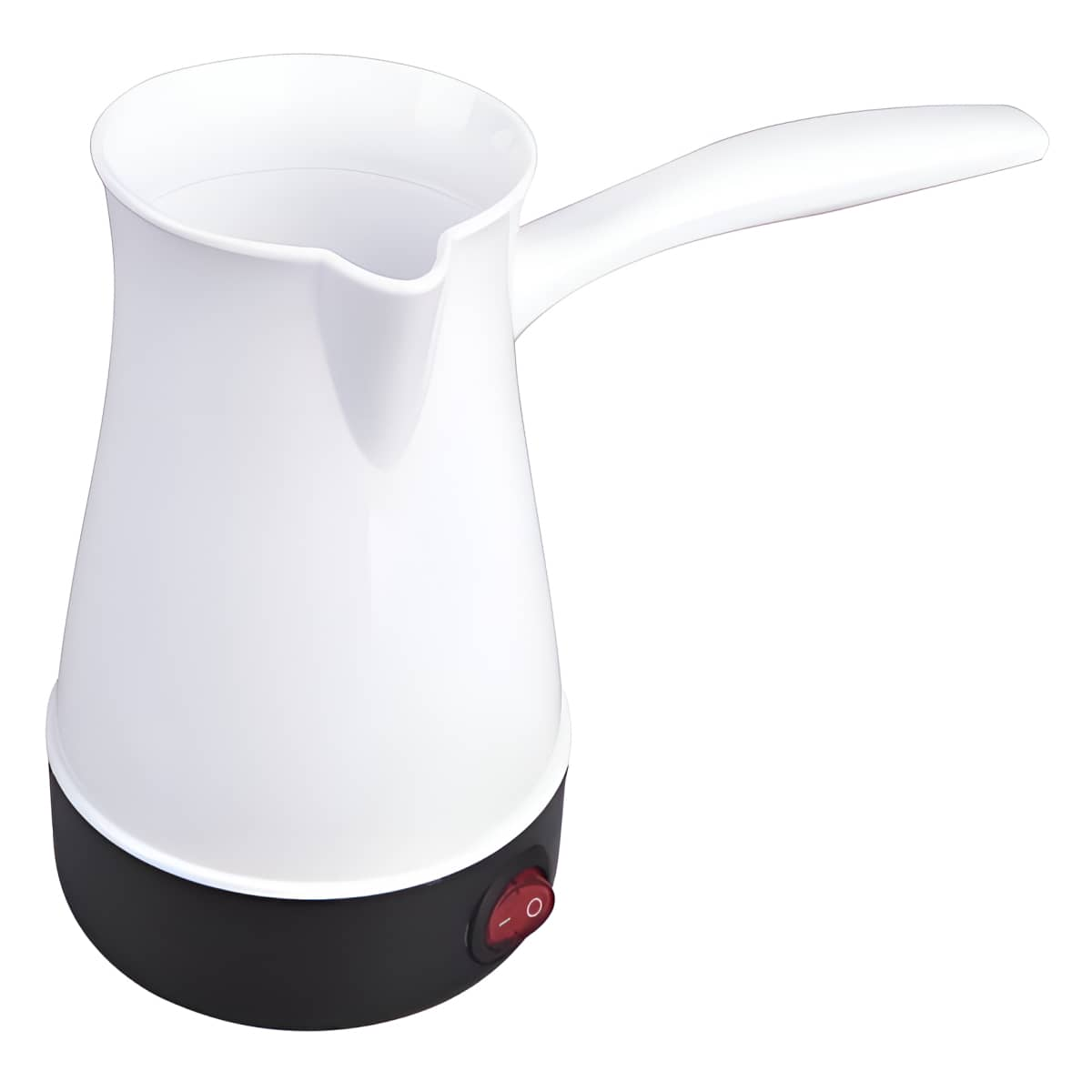 Weißer elektrischer türkischer Kaffeekocher mit rotem Knopf.