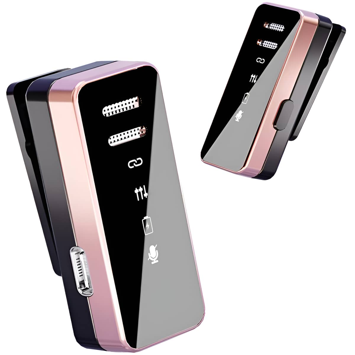 Zwei roségoldene und schwarze drahtlose Mikrofone. Sie haben Knöpfe und einen USB-Anschluss.