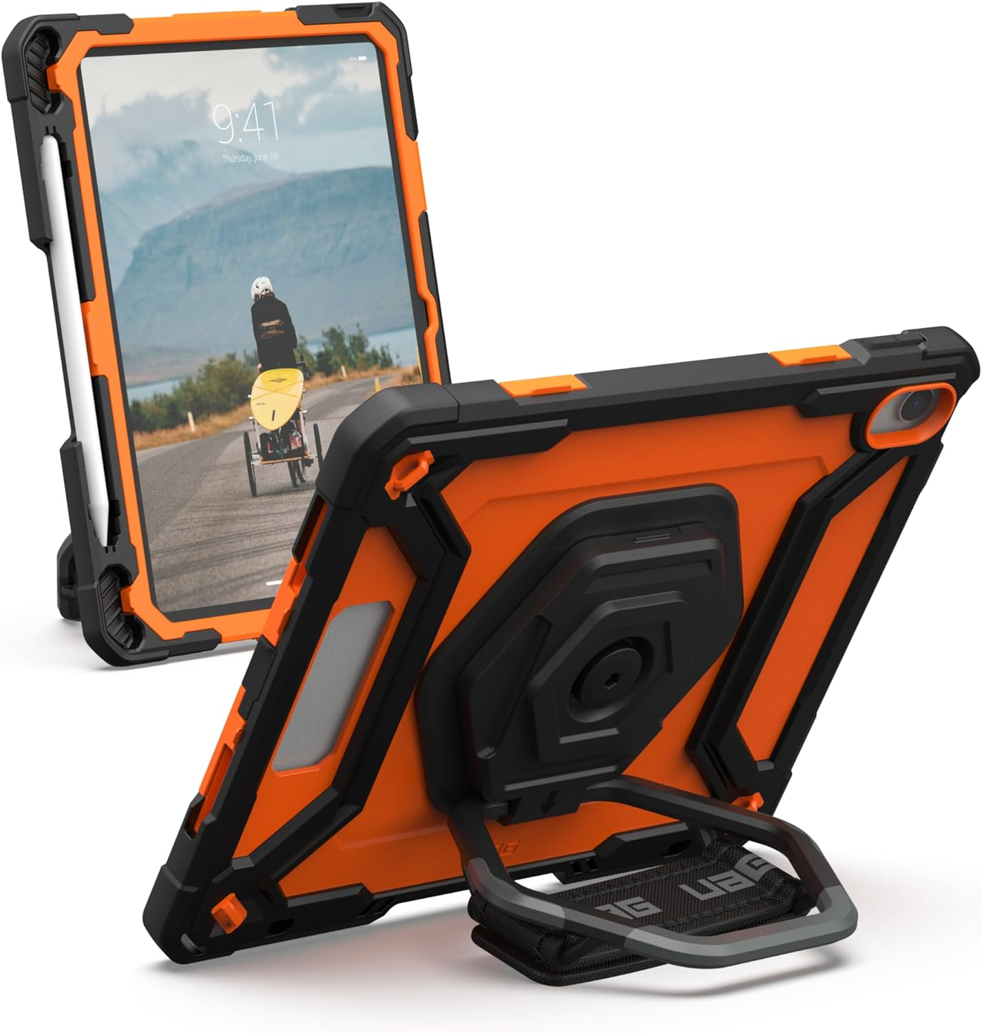Eine orangefarbene und schwarze Tablethülle mit Ständer. Die Rückseite hat einen Ständer.