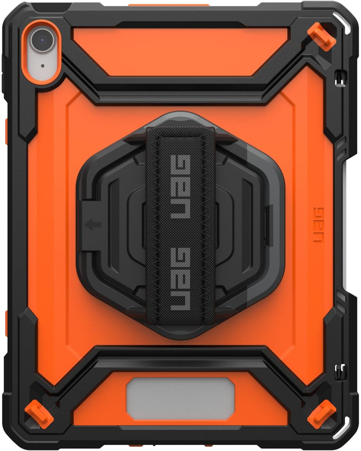 Orange-schwarze iPad-Hülle mit Handschlaufe. Die Hülle hat ein robustes, schützendes Design.