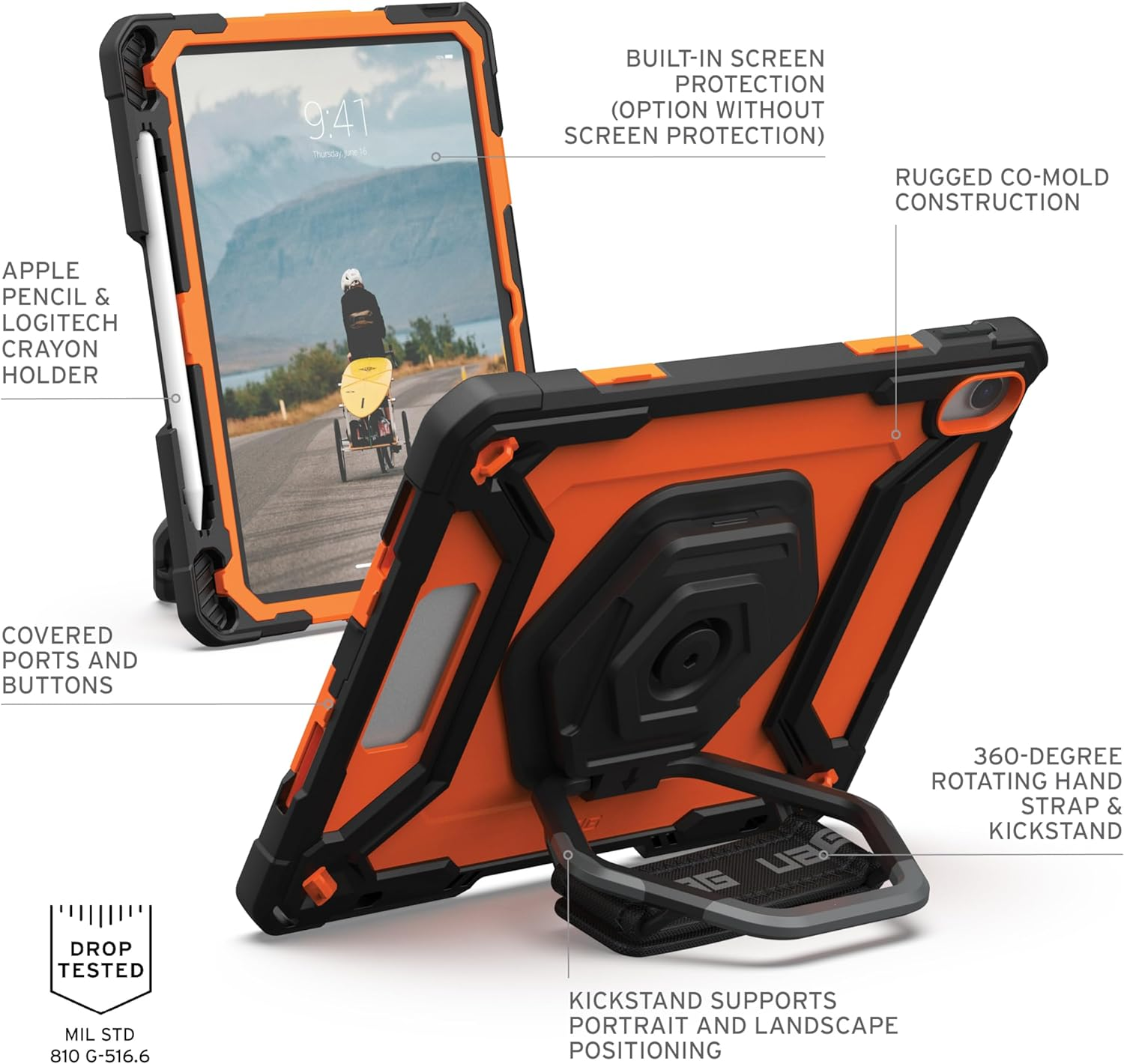Orange-schwarze Tablethülle mit integriertem Bildschirmschutz, Ständer und Apple Pencil Halterung.
