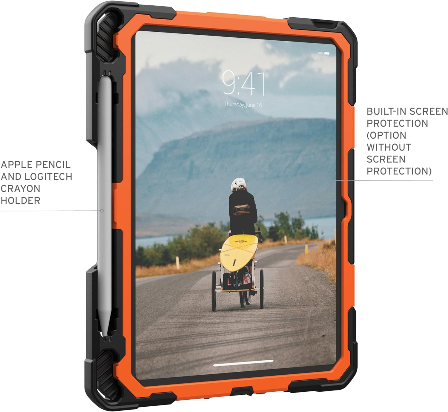Ein iPad in einer Schutzhülle mit einem Apple Pencil, eine Person auf einer Straße mit einem gelben Fahrzeug.