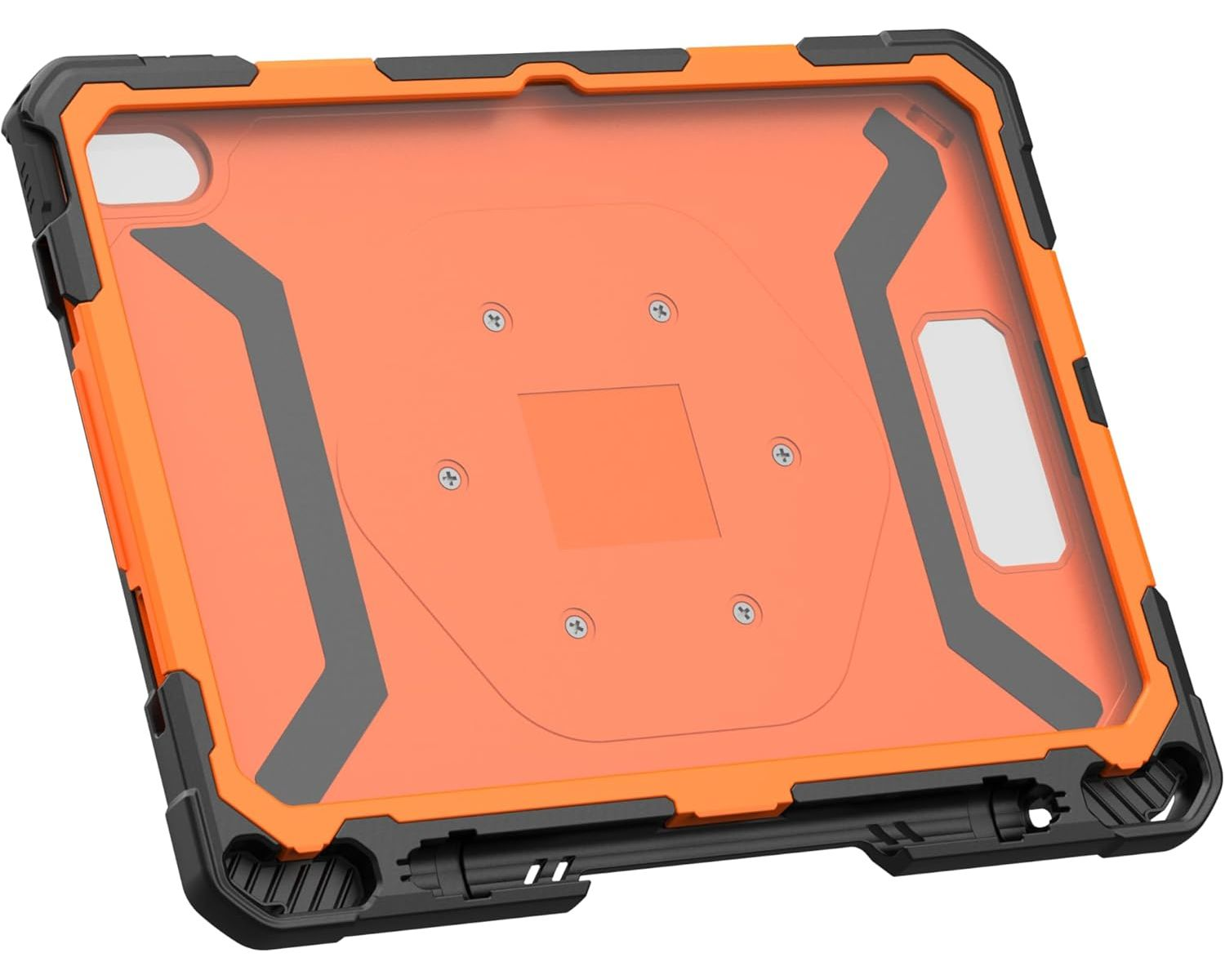 Eine orangefarbene und schwarze Tablethülle. Die Hülle befindet sich auf einem weißen Hintergrund. Die Hülle hat einen transparenten Displayschutz.
