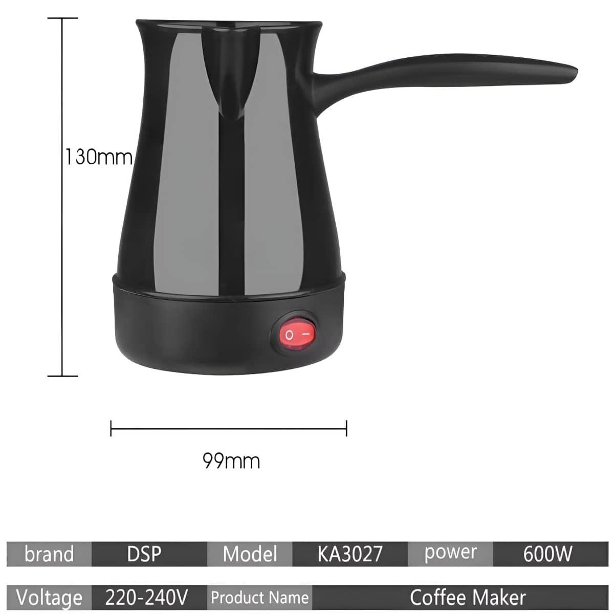 Ein schwarzer elektrischer Kaffeekocher mit Abmessungen. Enthält Text: 600W und Modell KA3027.