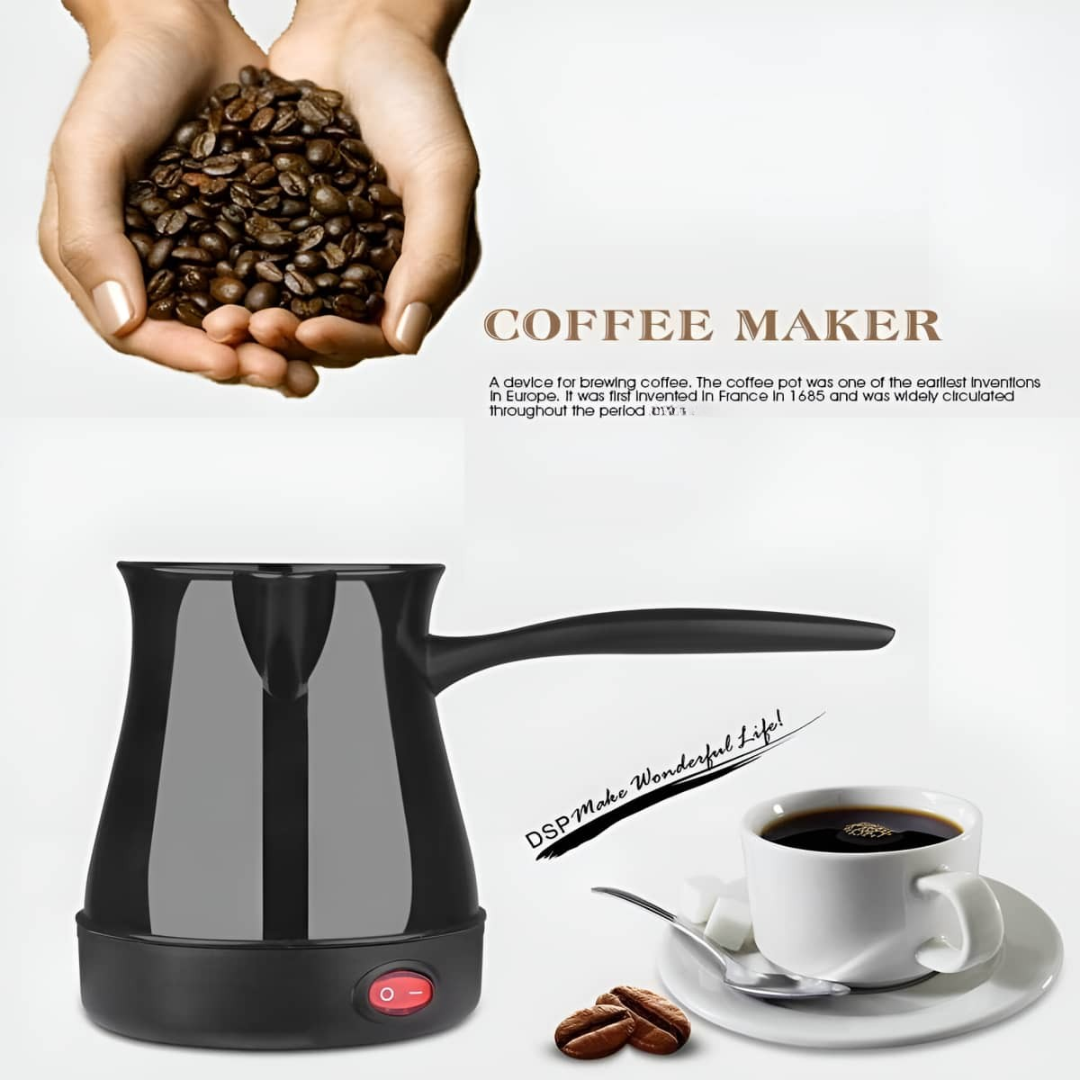 Kaffeemaschine mit Kaffeebohnen und einer Tasse Kaffee auf weißer Oberfläche.