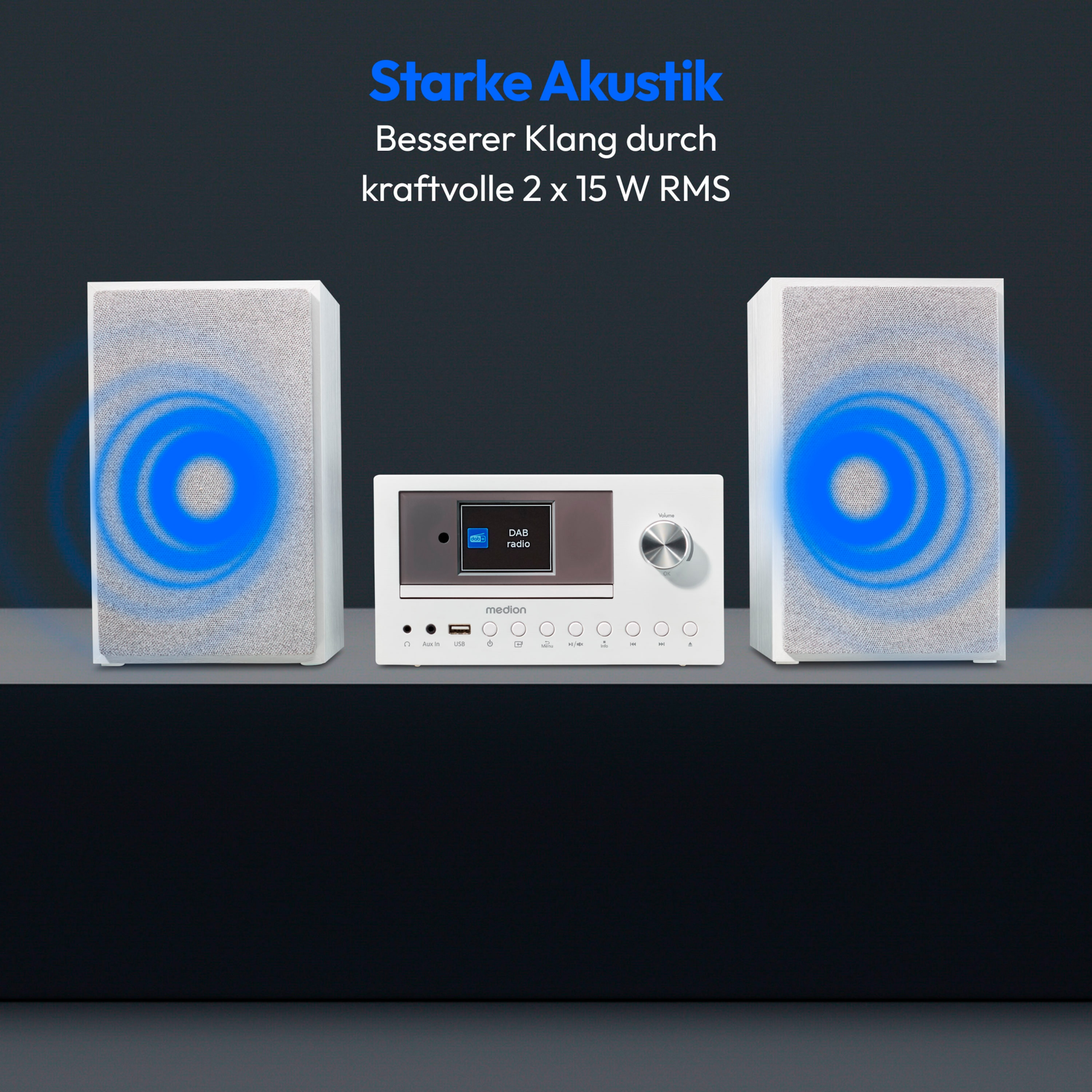 Dos altavoces blancos y un receptor de audio blanco con ondas de sonido azules.