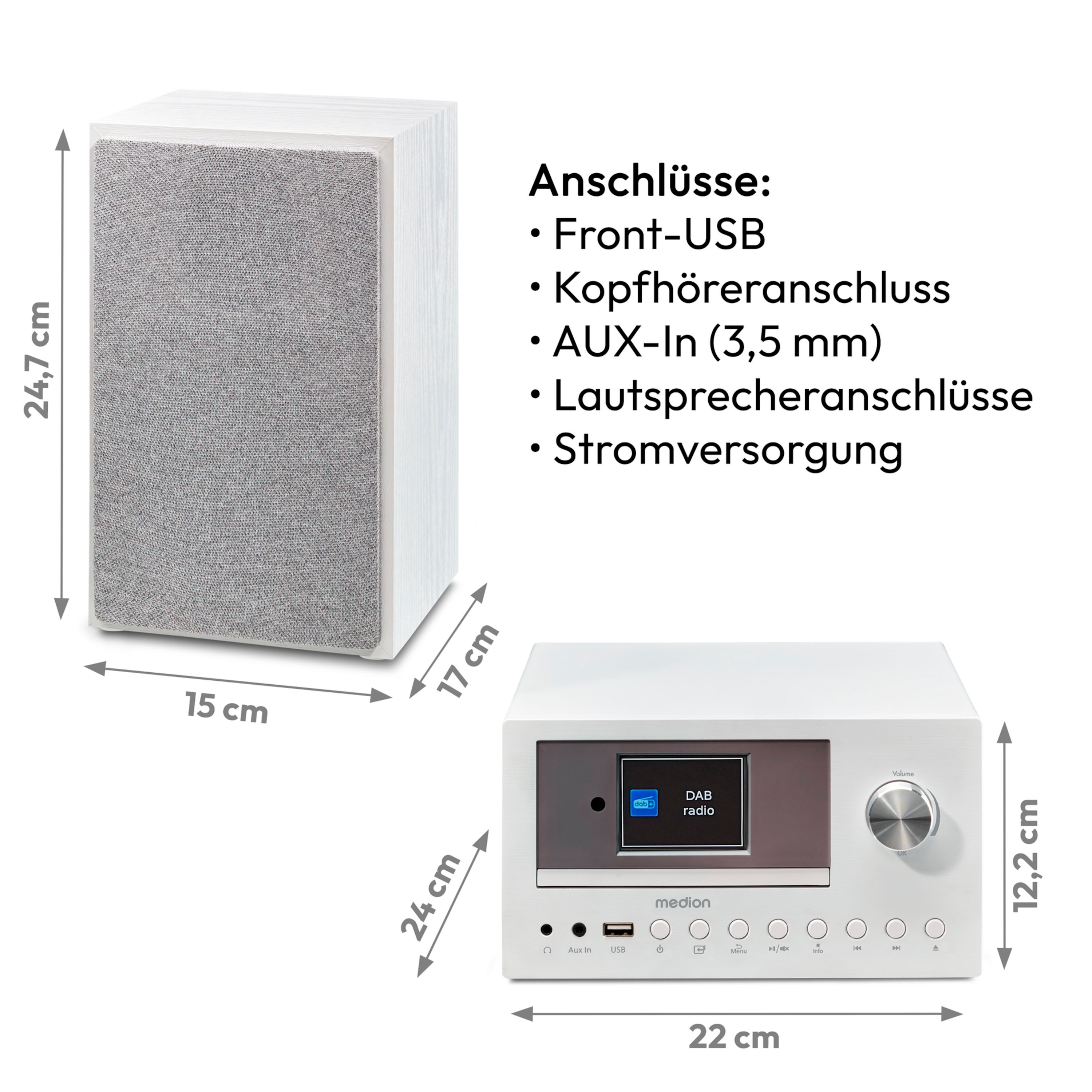 Altavoz blanco y radio blanca con dimensiones y especificaciones.