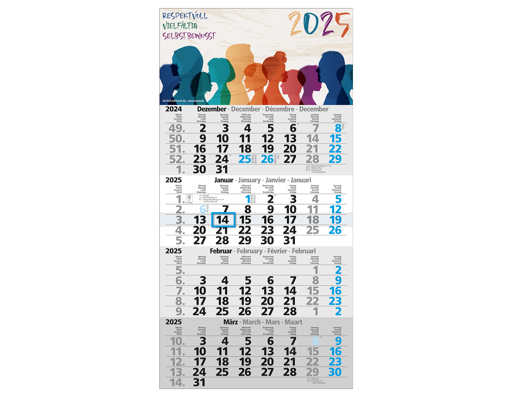Kalender 2025 mit bunten Silhouetten, Dezember 2024 und Januar-März 2025.