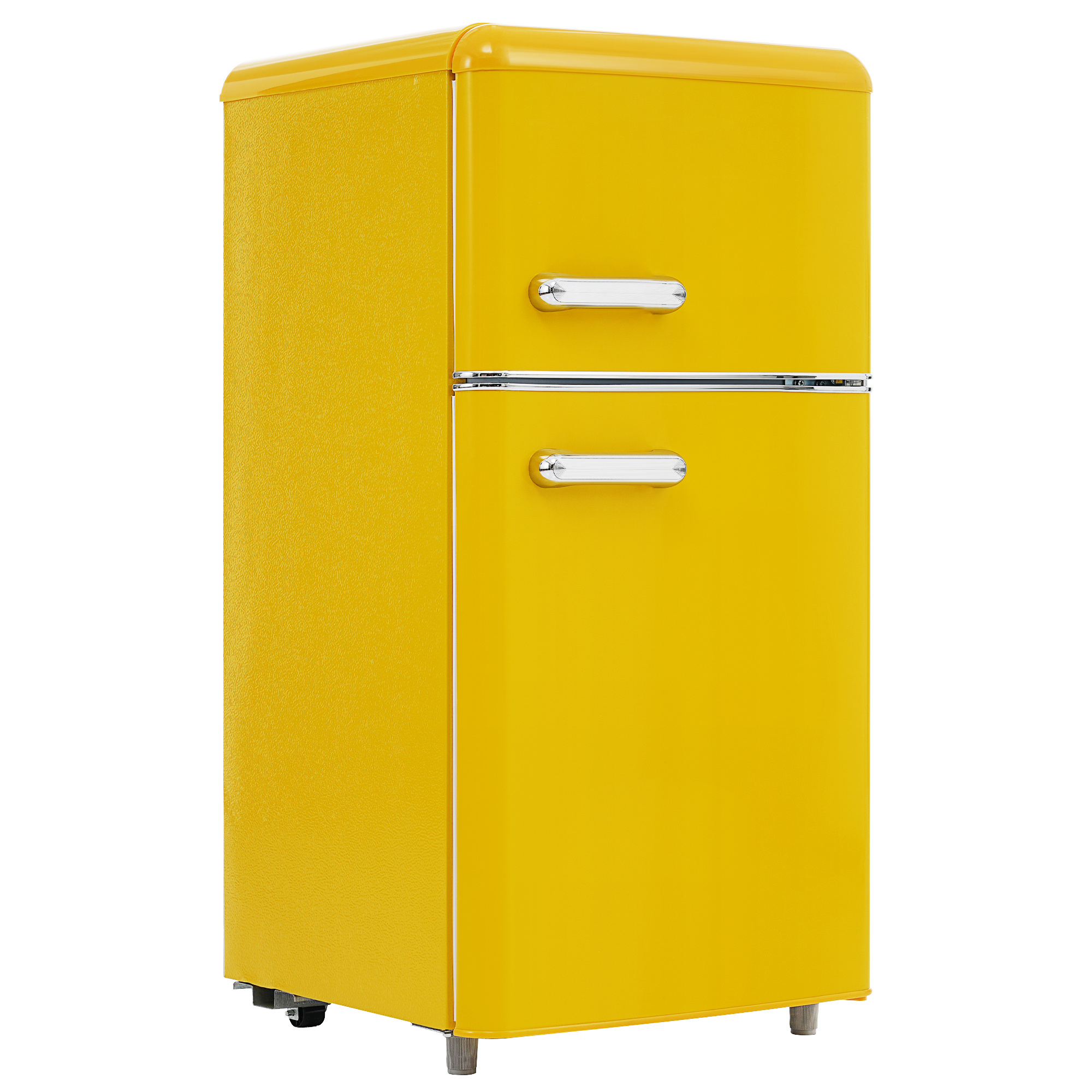 Gelber Retro-Kühlschrank. Zwei Griffe, gelber Korpus. Weißer Hintergrund.