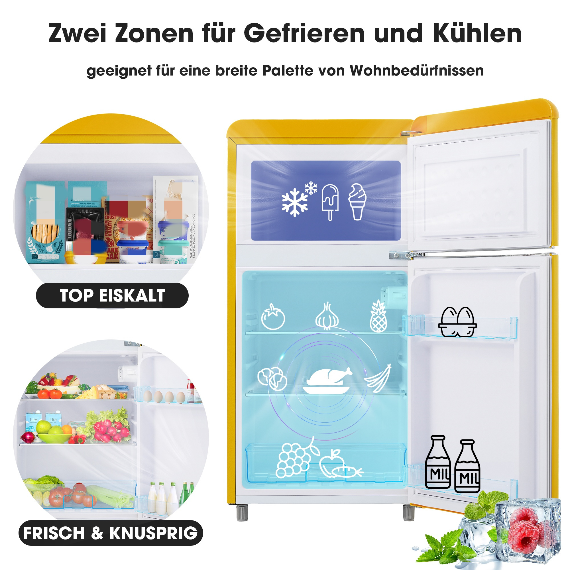 Gelber Retro-Kühlschrank mit offener Tür. Zeigt Kühl- und Gefrierbereich mit Lebensmitteln.