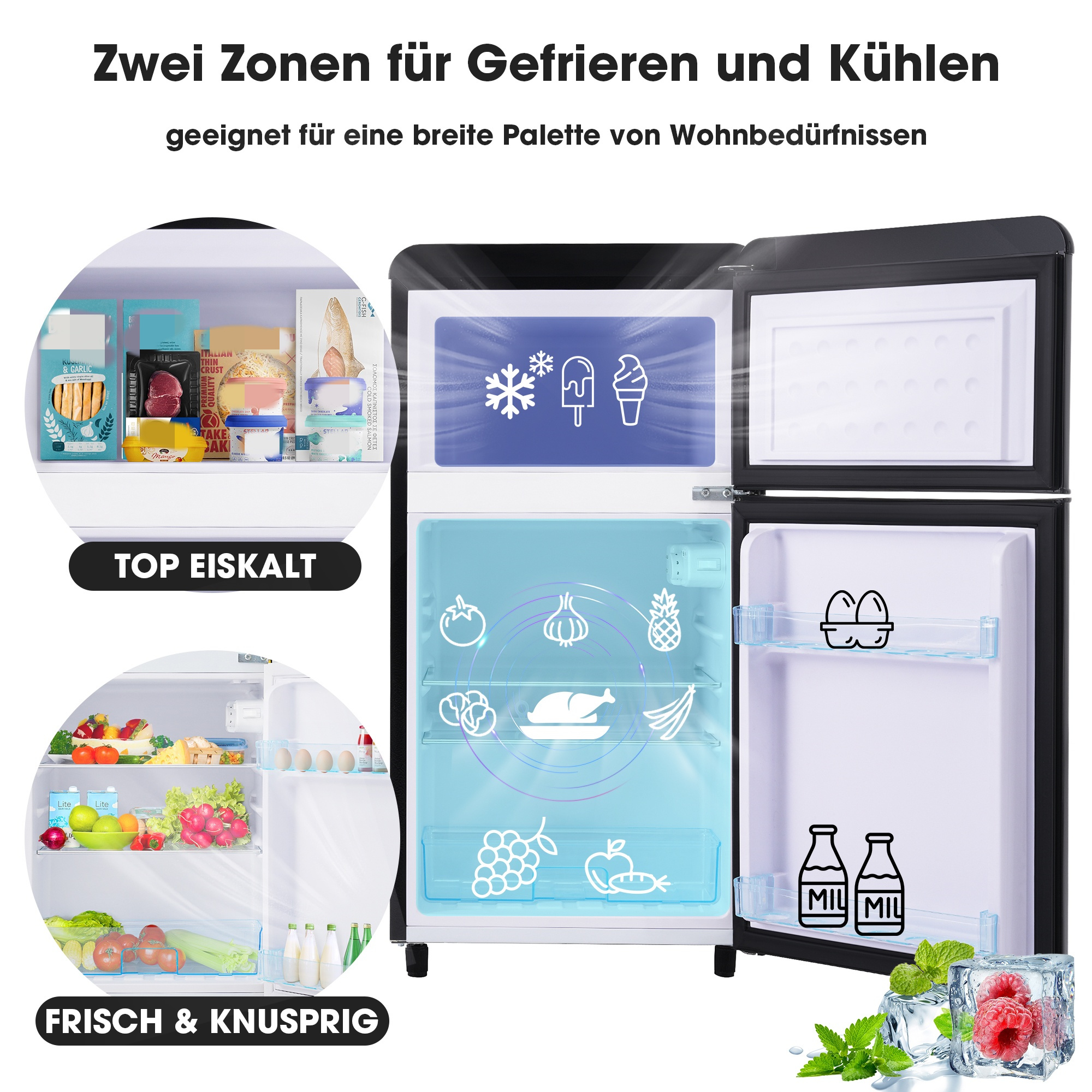 Geöffneter Mini-Kühlschrank mit zwei Zonen: Gefrierfach und Kühlschrank. Innen Lebensmittel und Eiswürfel.