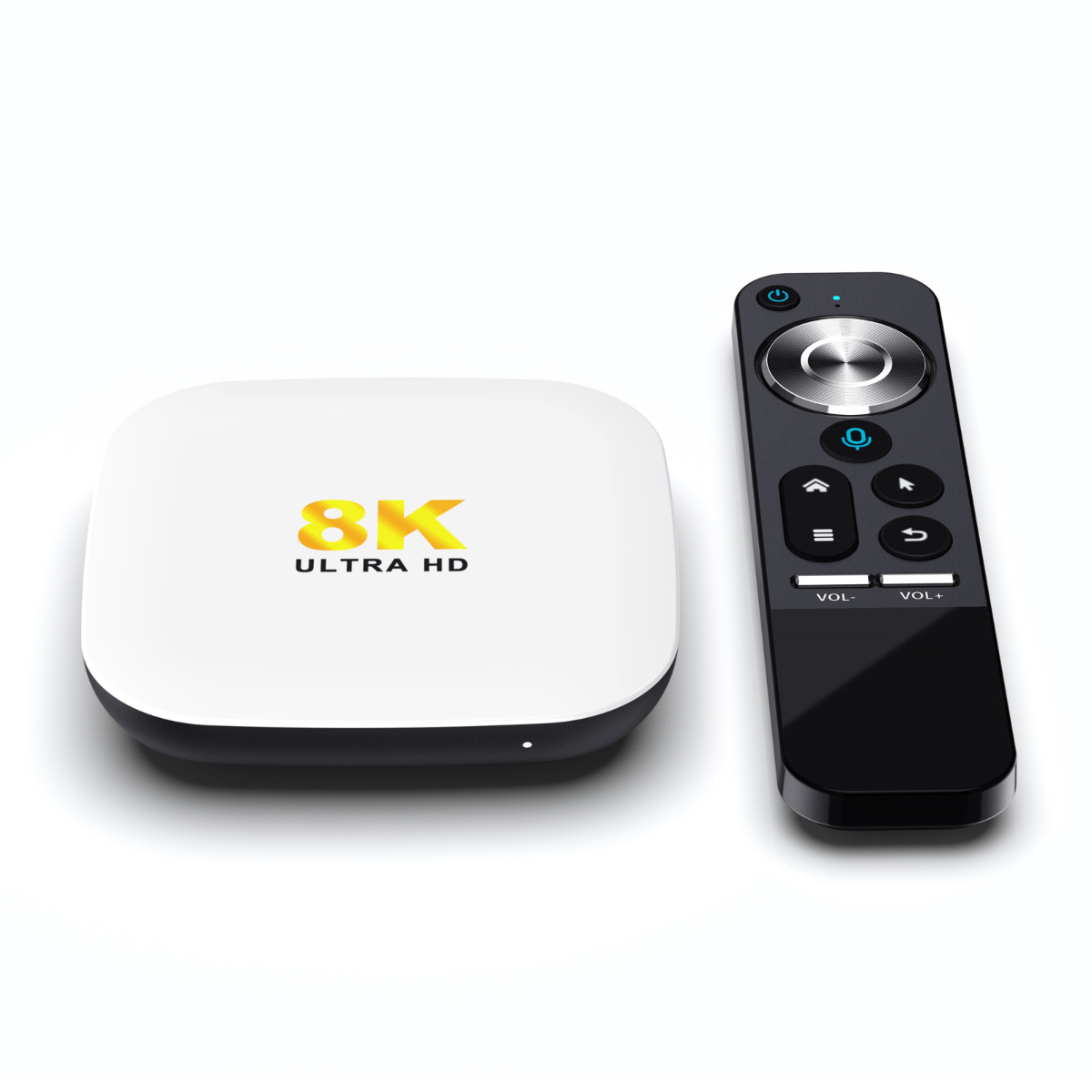 Weiße 8K Ultra HD Set-Top-Box mit Fernbedienung auf weißem Hintergrund.