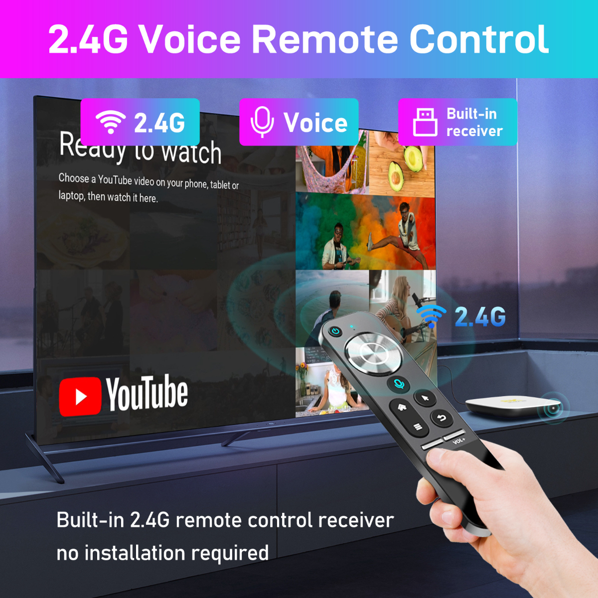 TV-Bildschirm mit YouTube-Oberfläche und Fernbedienung mit Sprach- und 2.4G-Funktionen.