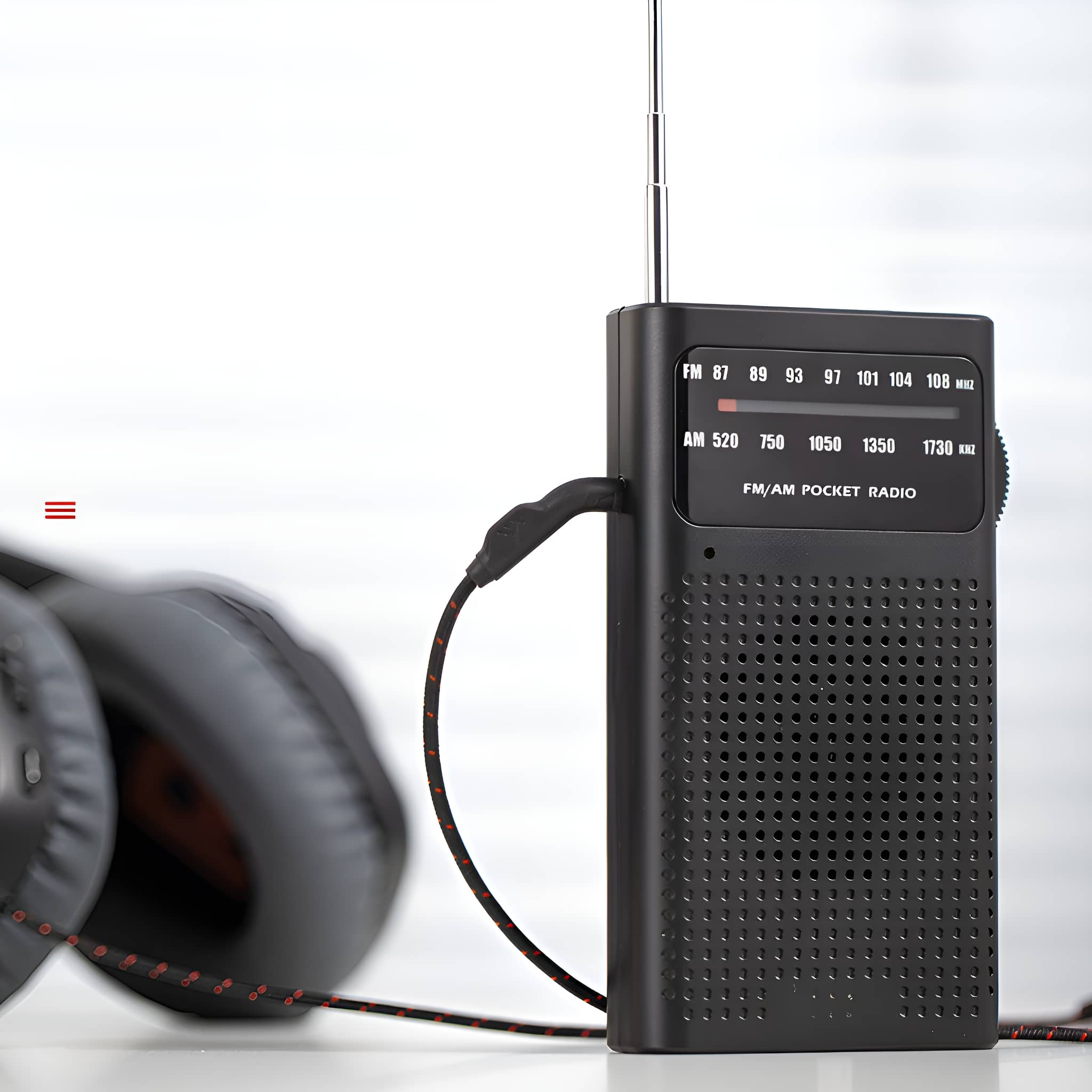 Ein schwarzes FM/AM-Taschenradio mit Kopfhöreranschluss, zeigt Frequenzwahl auf weißem Hintergrund.