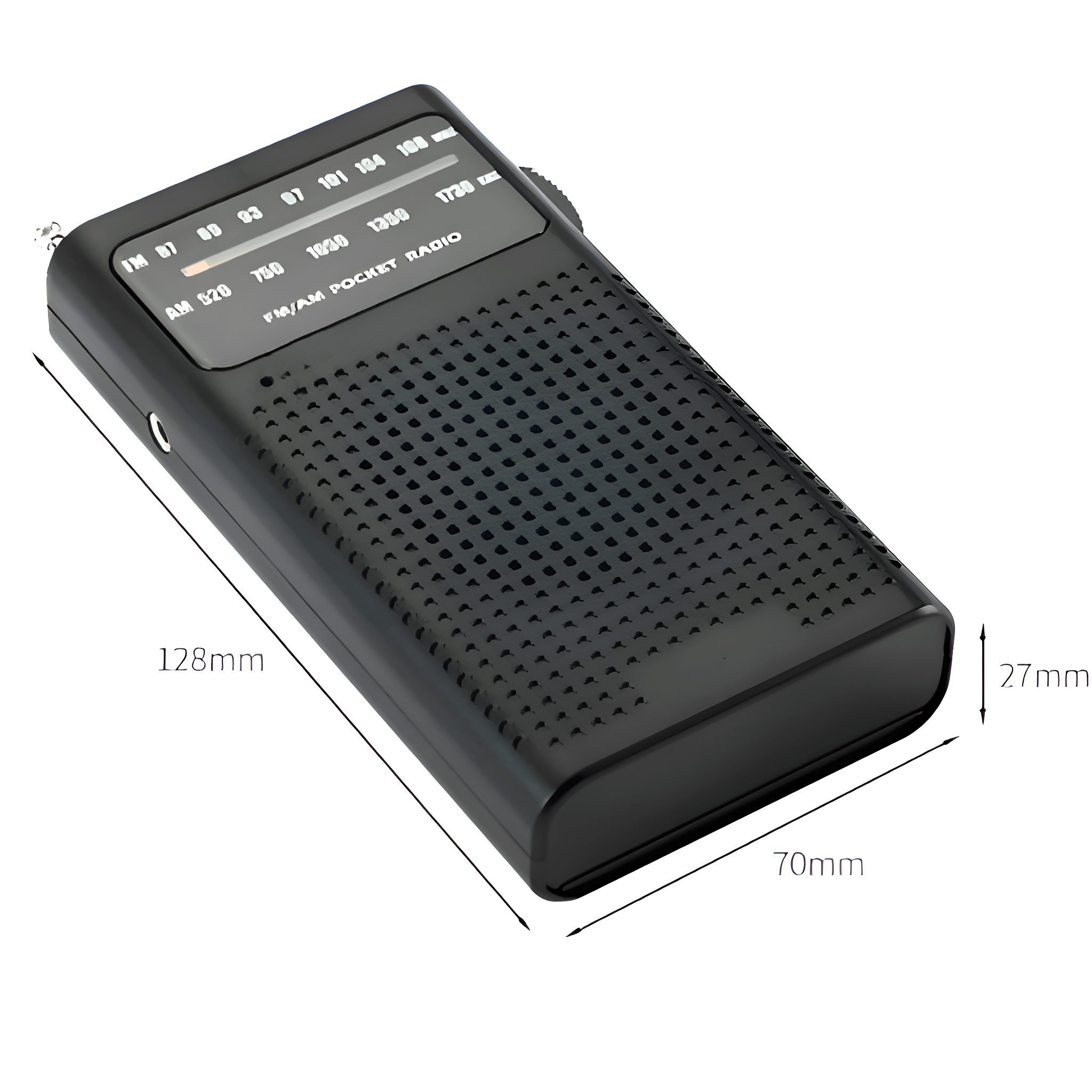 Ein schwarzes FM/AM-Taschenradio mit den Maßen: 128mm x 70mm x 27mm. Es hat ein Zifferblatt und einen Lautsprecher.