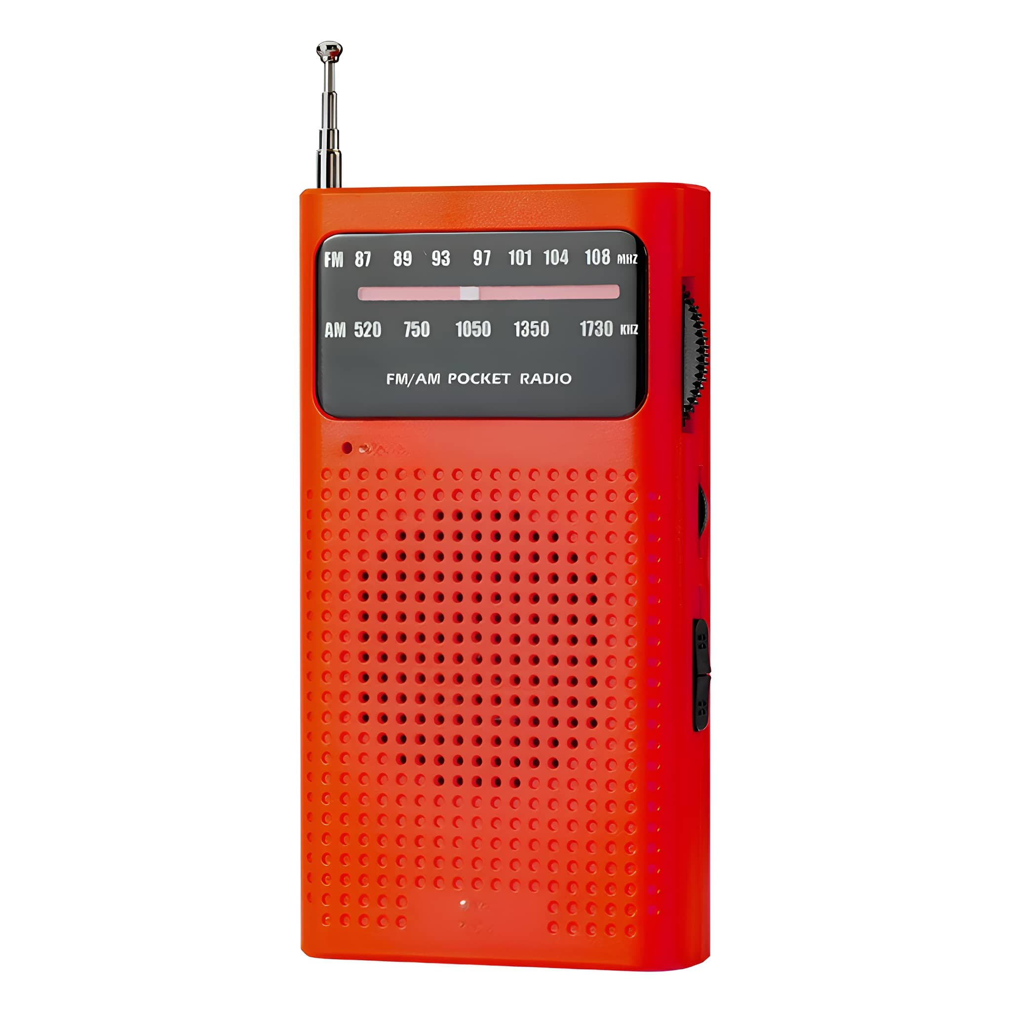 Ein orangefarbenes Retro-FM/AM-Taschenradio mit schwarzem Display und Antenne.