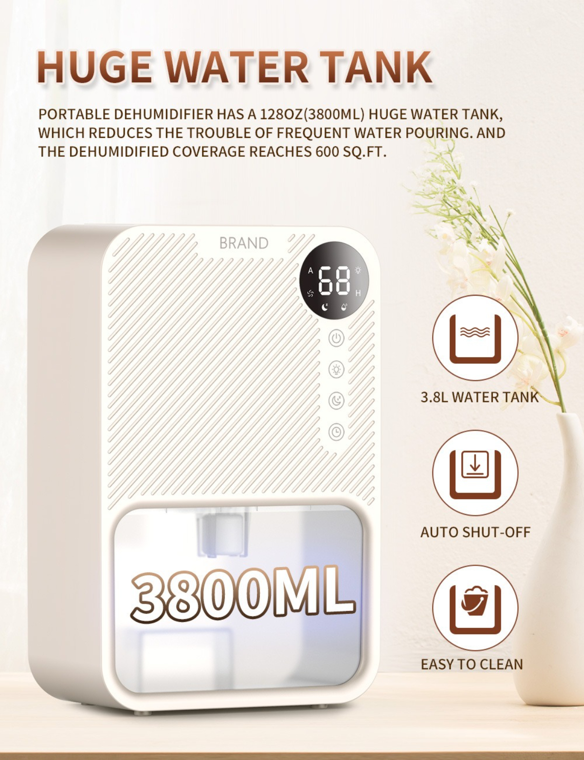 Ein weißer Luftbefeuchter mit Digitalanzeige. Verfügt über einen Wassertank mit 3800 ml Fassungsvermögen.