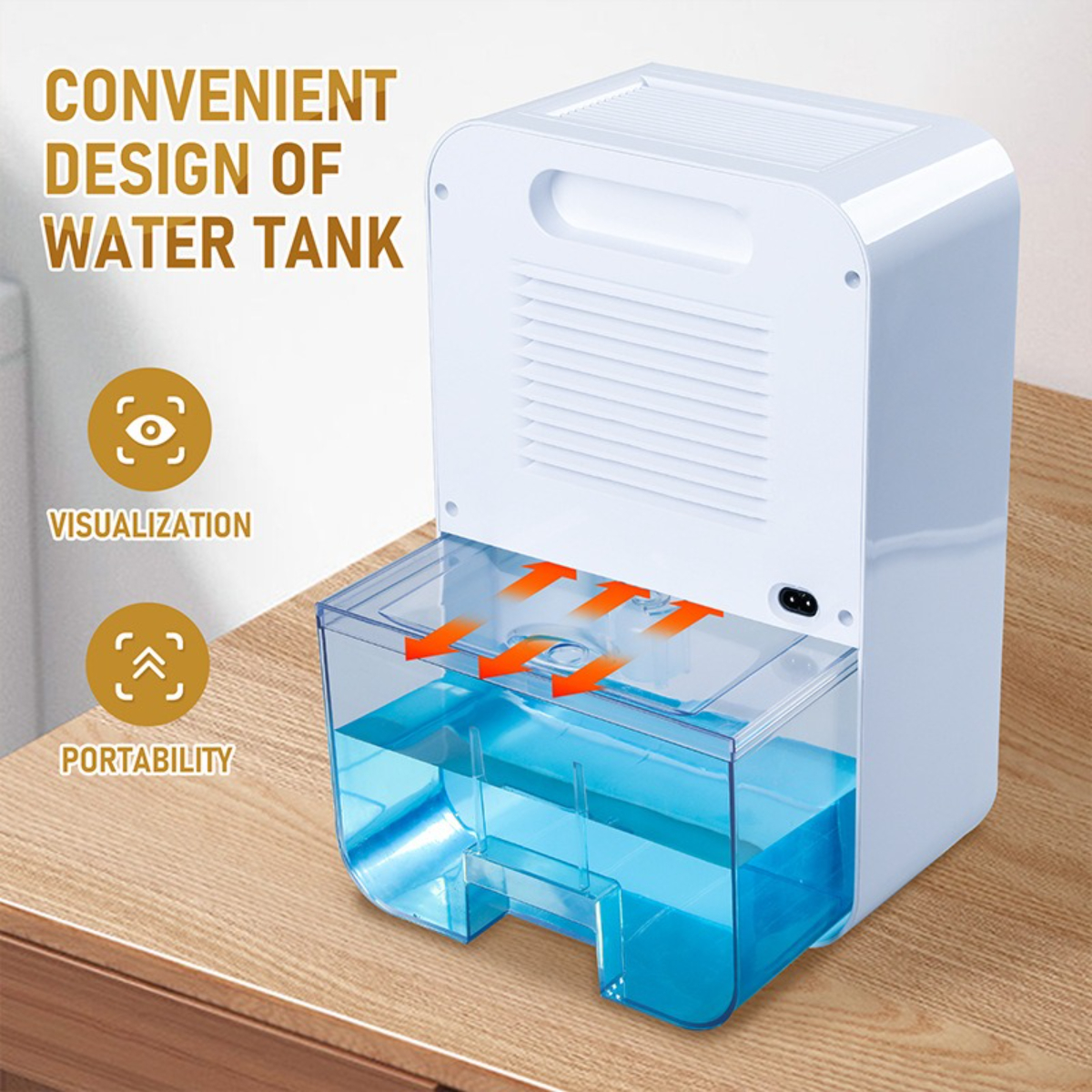 Weißer Luftentfeuchter mit Wassertank, Visualisierungs- und Portabilitätssymbolen.