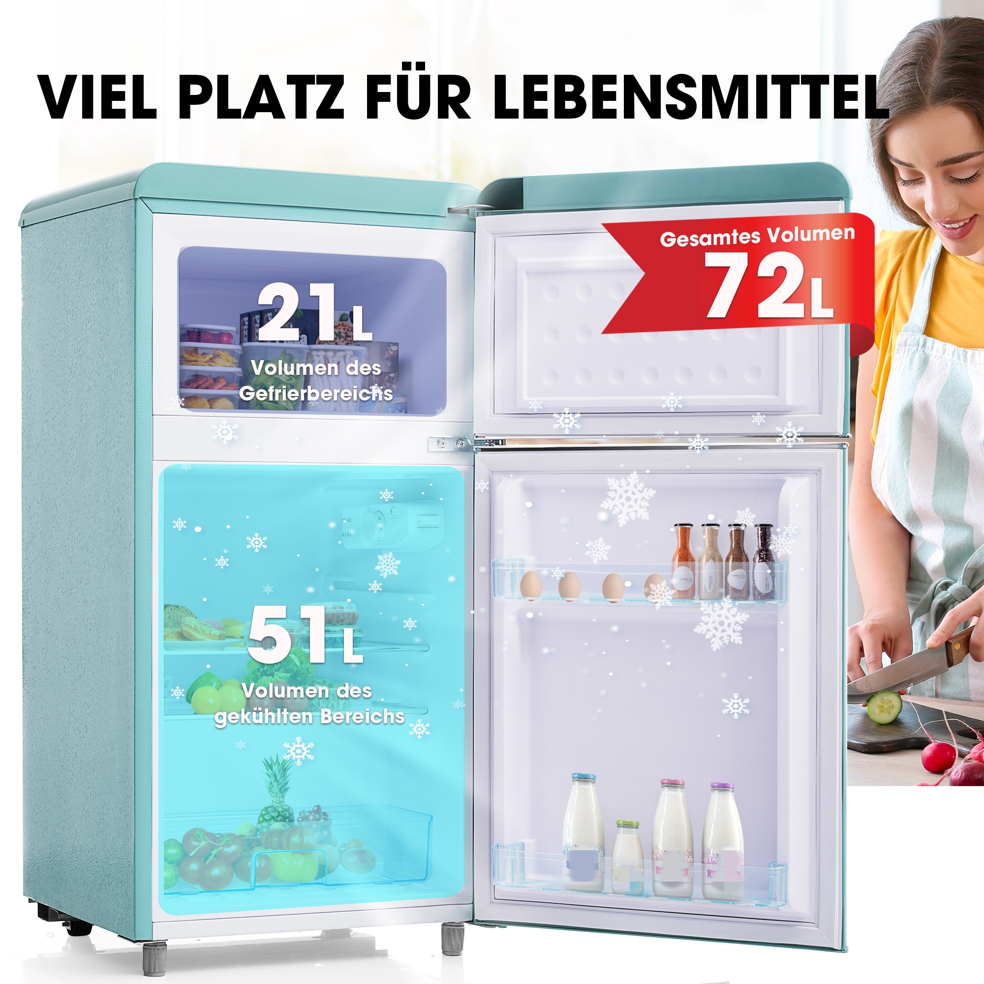 Ein türkisfarbener Kühlschrank mit geöffneten Türen, die das Innere mit Lebensmitteln und Volumendetails zeigen.