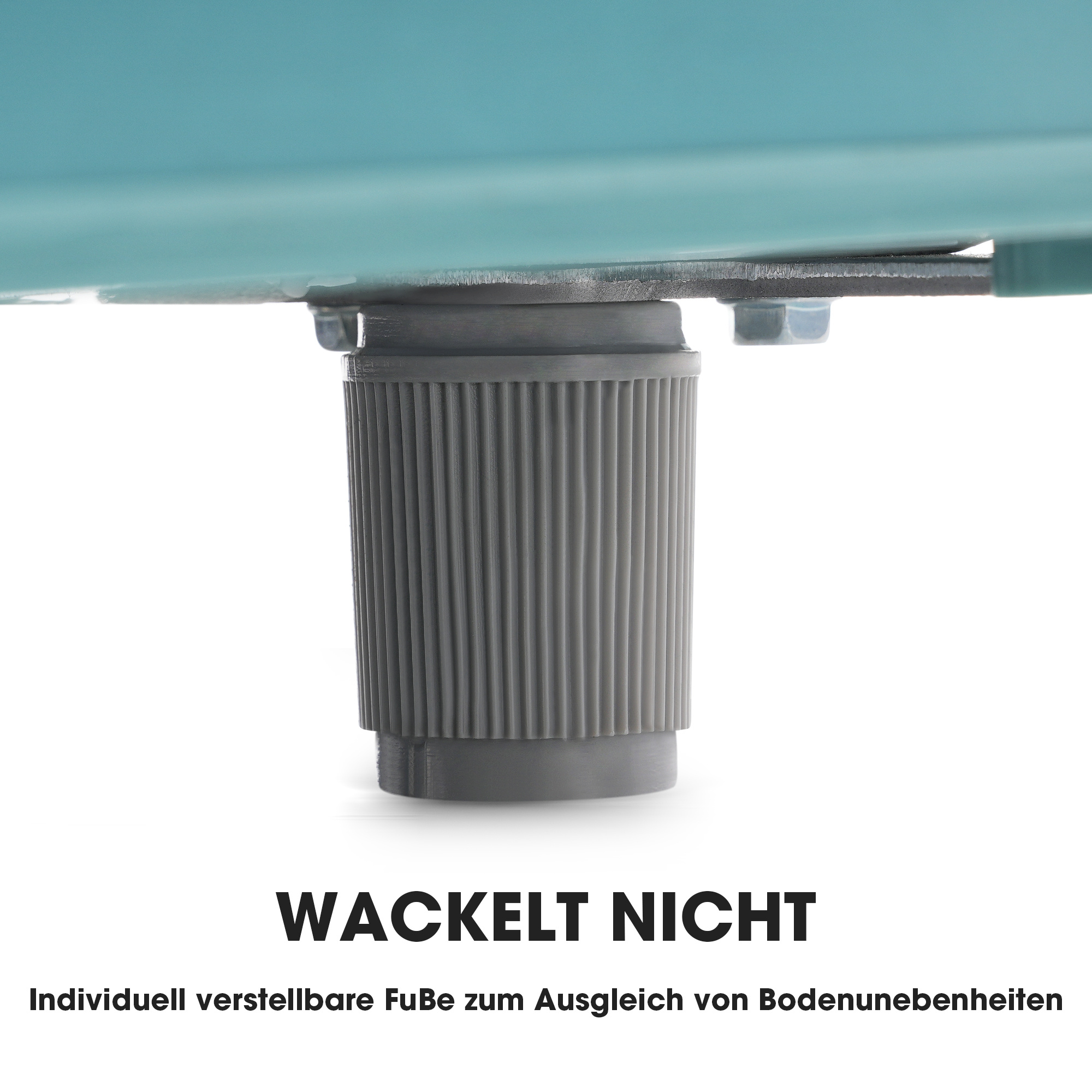 Grauer, geriffelter, verstellbarer Möbelfuß. Text: Wackelt Nicht.