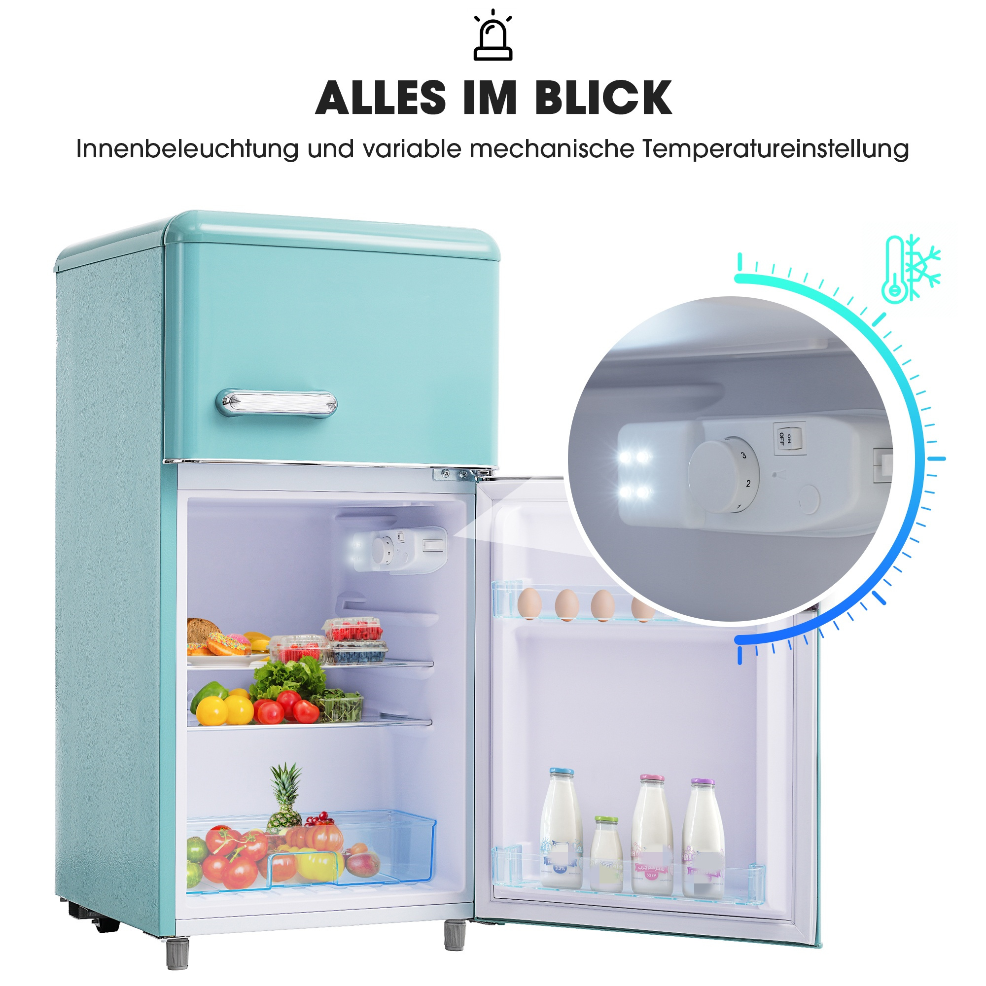 Ein Kühlschrank im Retro-Stil mit offener Tür, zeigt Lebensmittel und Licht.