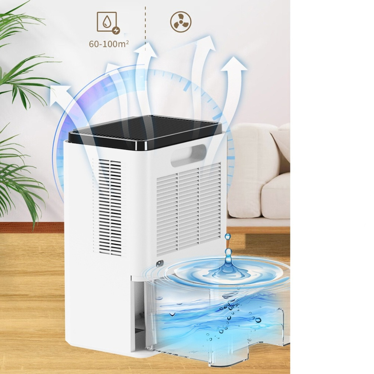Weißer Luftentfeuchter mit Wassertank, mit grafischer Darstellung des Luftstroms.