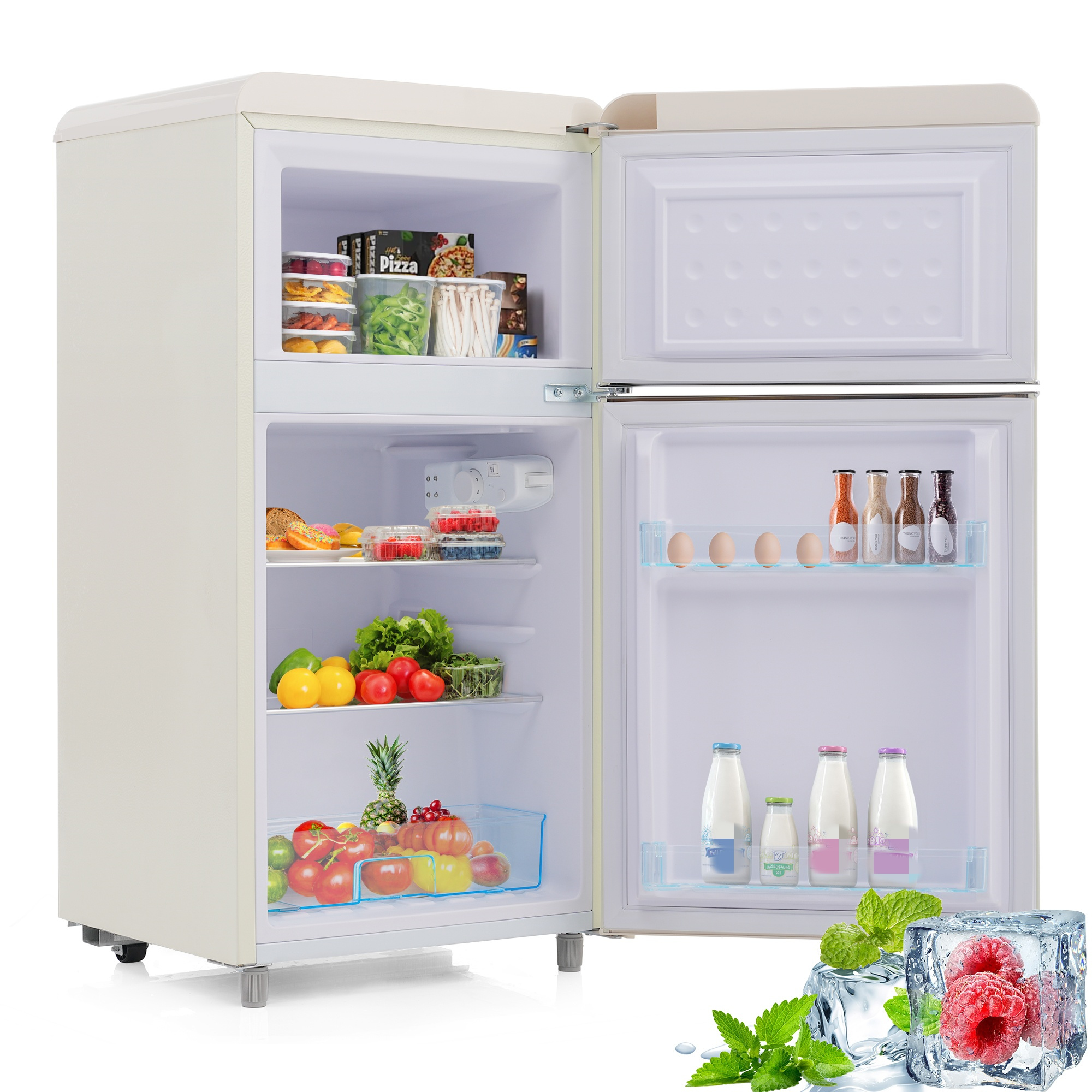 Ein Kühlschrank im Vintage-Stil mit vollem Innenraum, einschließlich Obst, Gemüse und Milchprodukten.