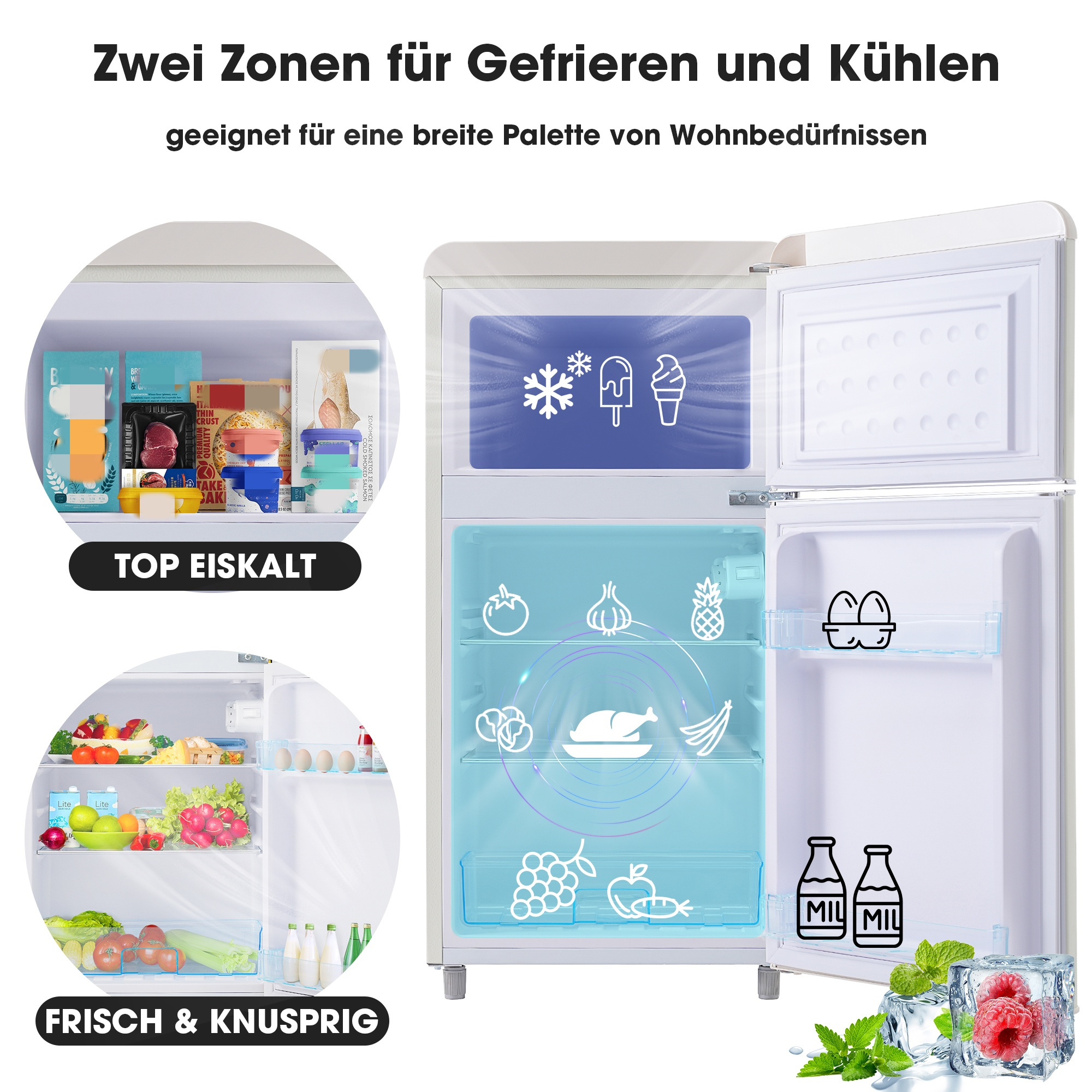Ein weißer Kühlschrank ist geöffnet und zeigt Lebensmittel sowie Bilder von Gefrorenem und Eis.
