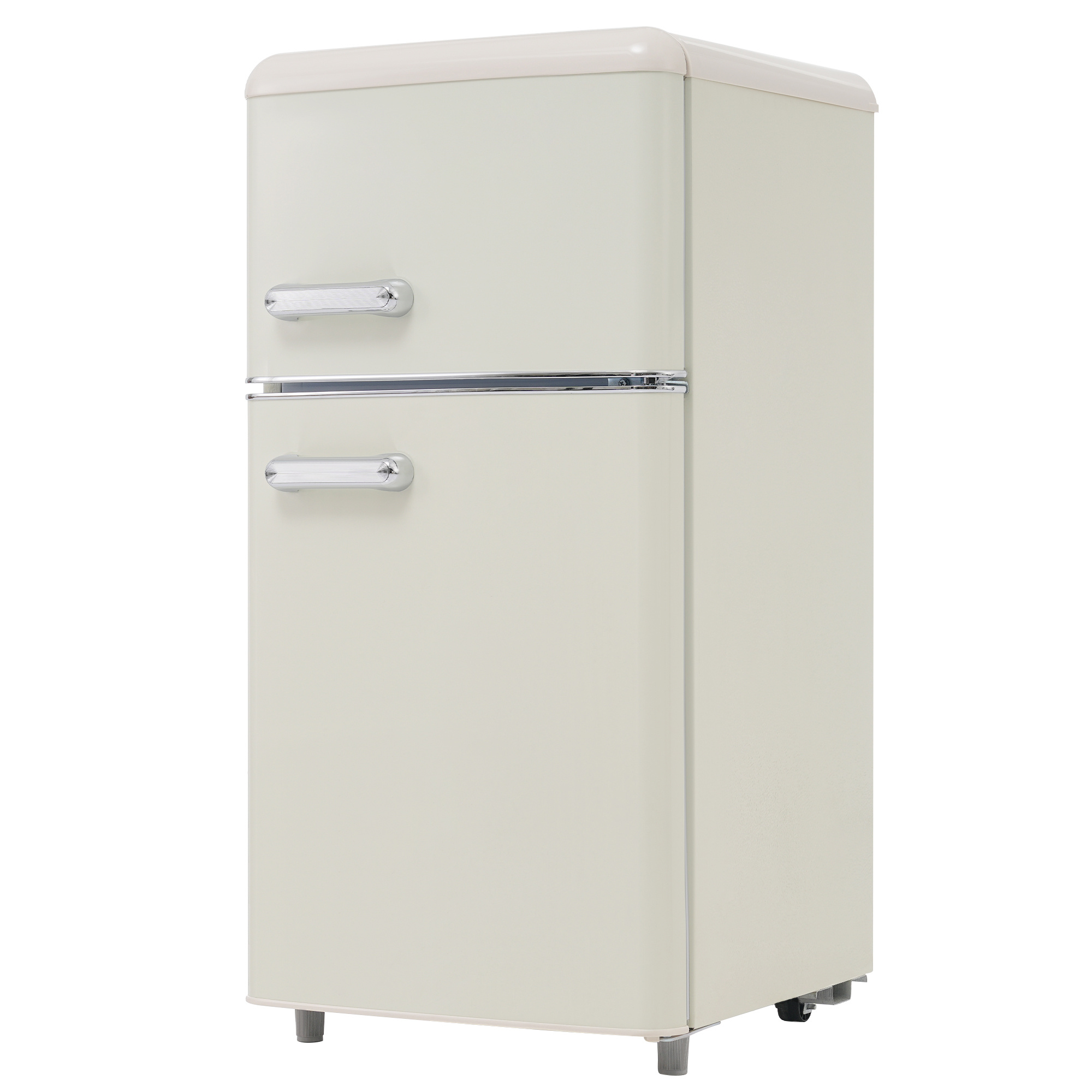 Off-weißer Kühlschrank im Retro-Stil mit zwei Türen und Chromgriffen.