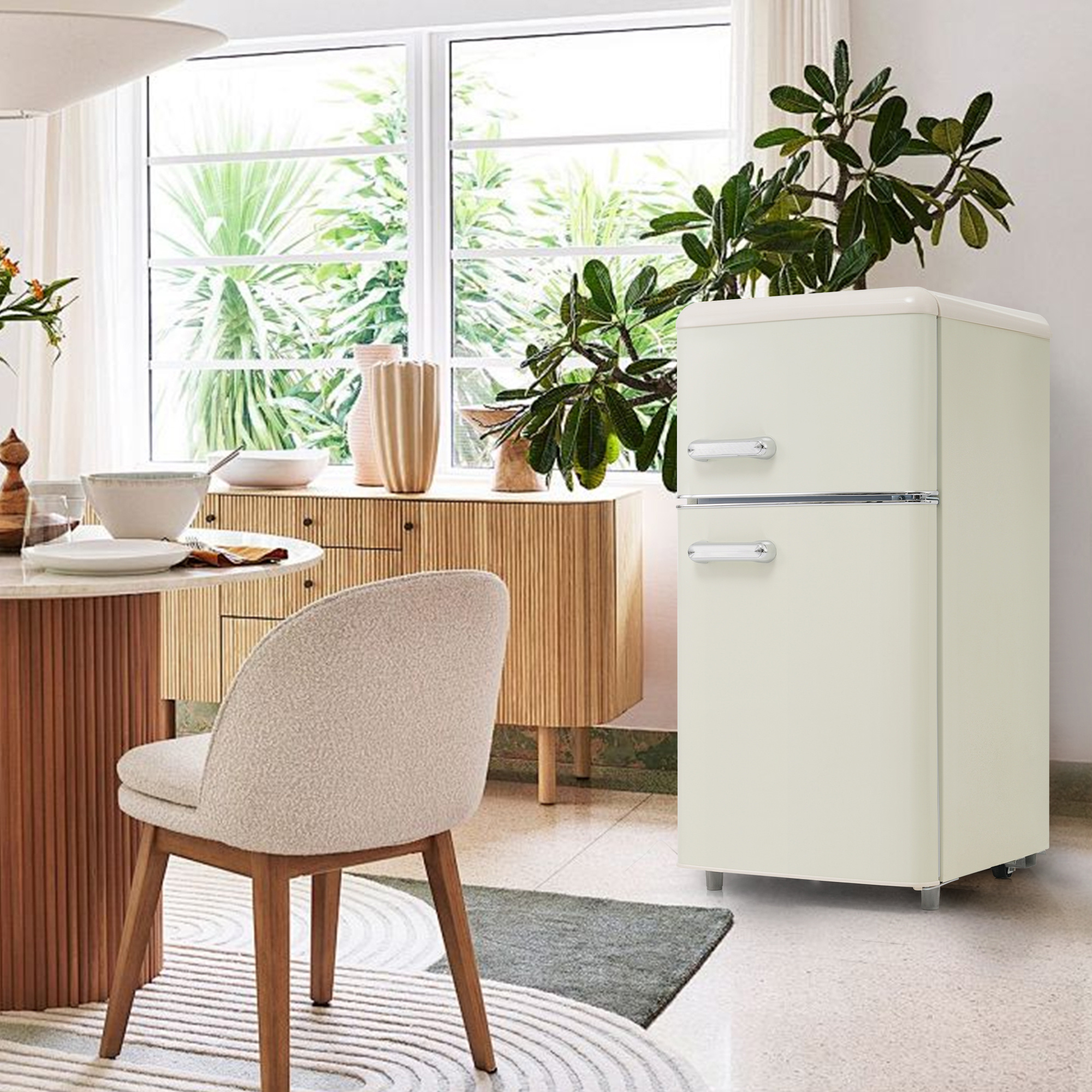 Cremefarbener Retro-Kühlschrank in einer Küche. Holzschrank und runder Tisch mit einem Stuhl.