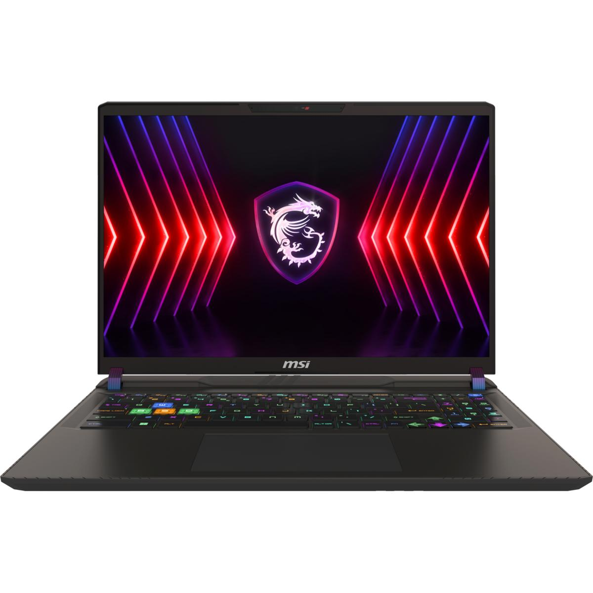 MSI Gaming-Laptop. Schwarz mit farbenfroher Bildschirmanzeige. Tastatur mit farbigen Lichtern. Schwarzer Hintergrund.