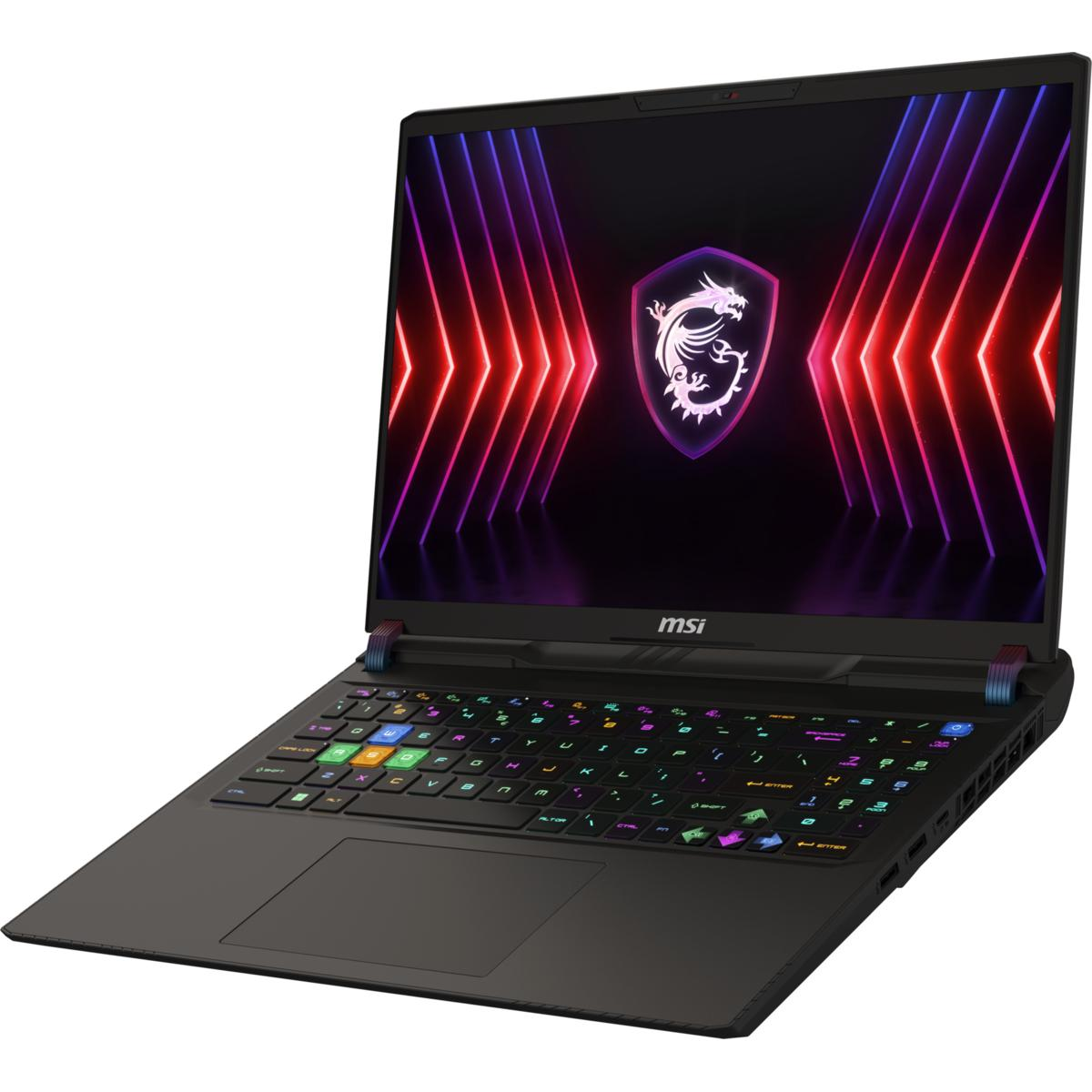 Schwarzer Gaming-Laptop mit beleuchteter Tastatur und MSI-Logo auf dem Bildschirm.