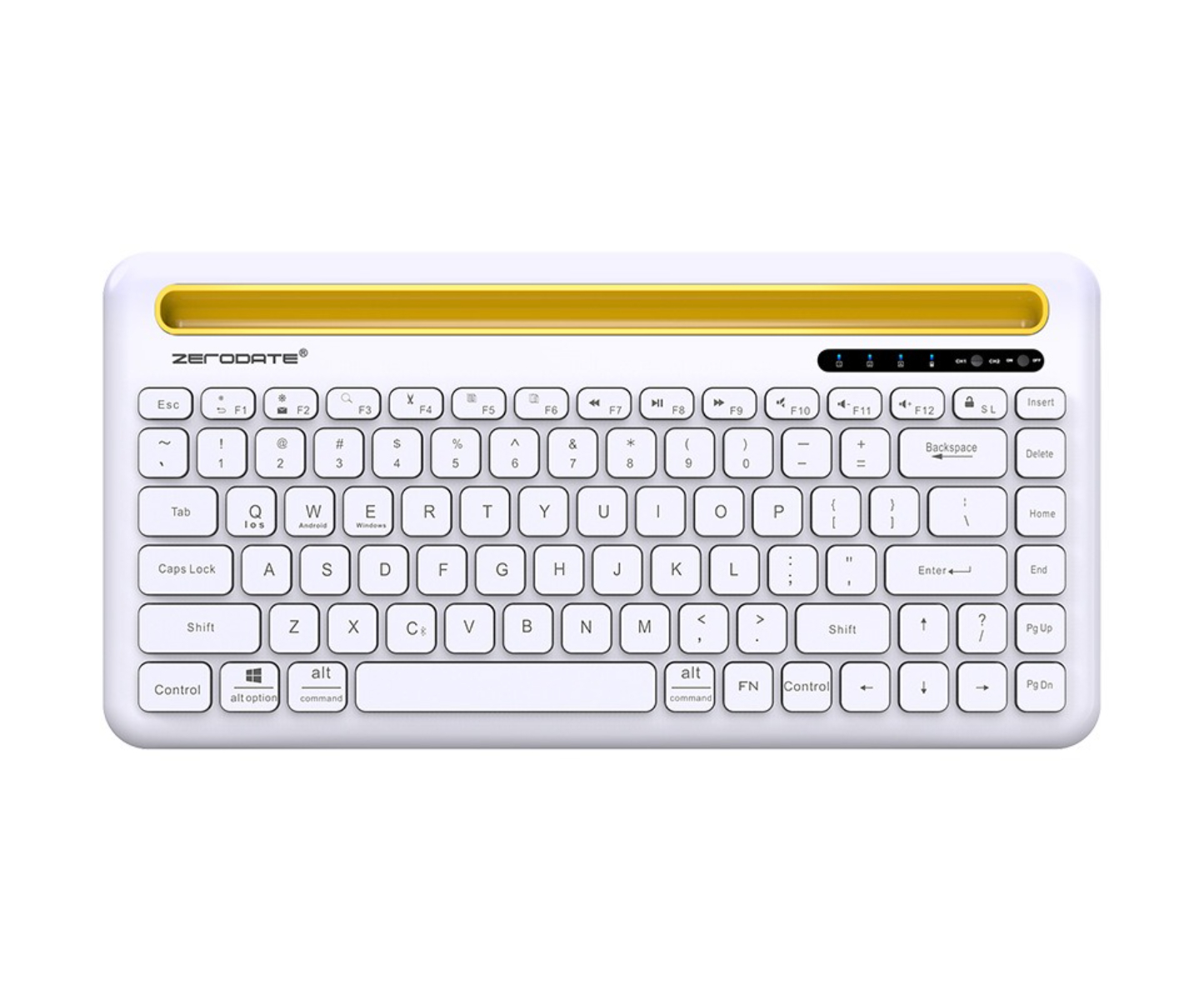 Weiße kabellose Tastatur mit gelben Akzenten und vielen Tasten auf weißer Oberfläche.