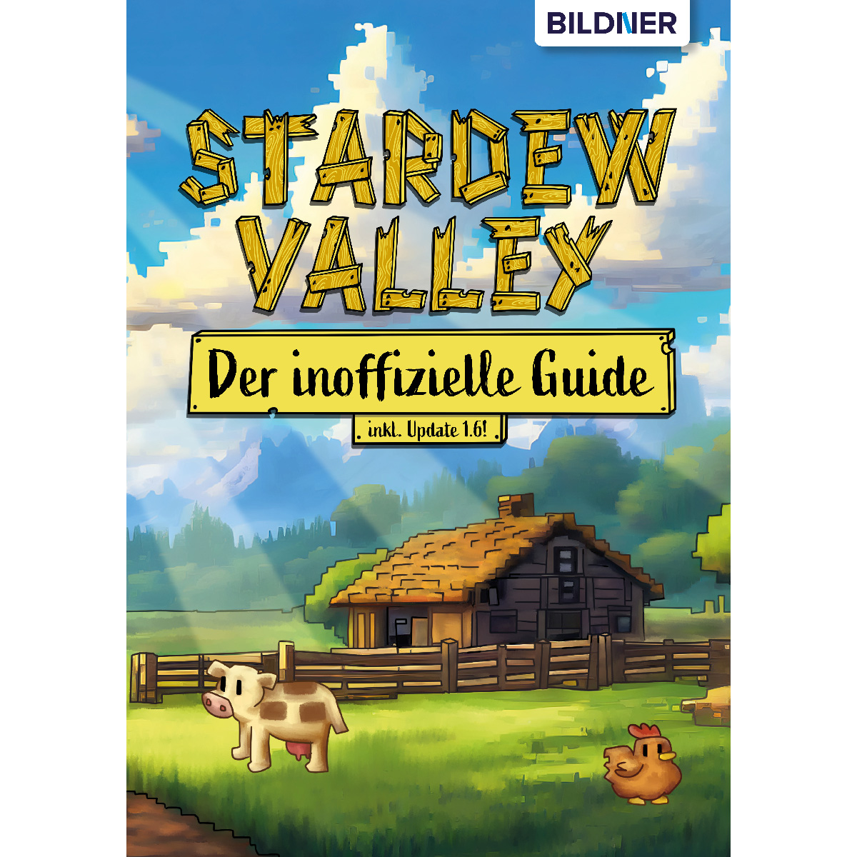 Buchcover mit Stardew Valley-Titel, Haus, Kuh, Huhn und einem grünen Feld unter blauem Himmel.