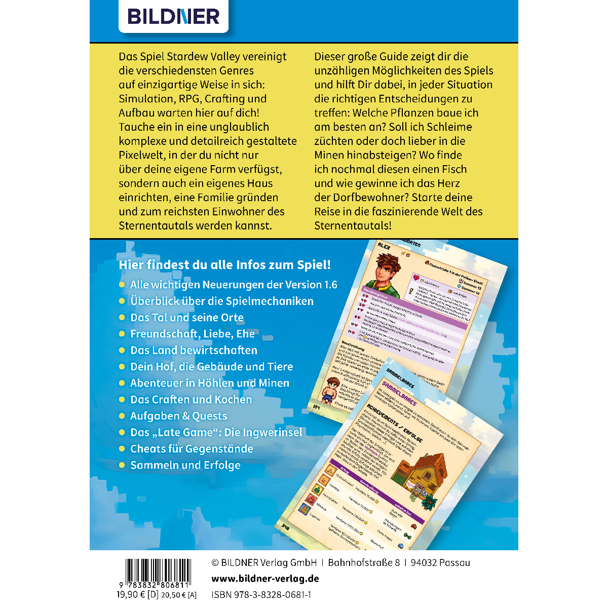 Doppelseite eines Buches mit Spielanleitungen, Bildern und Text. Das Cover zeigt einen pixeligen Charakter.