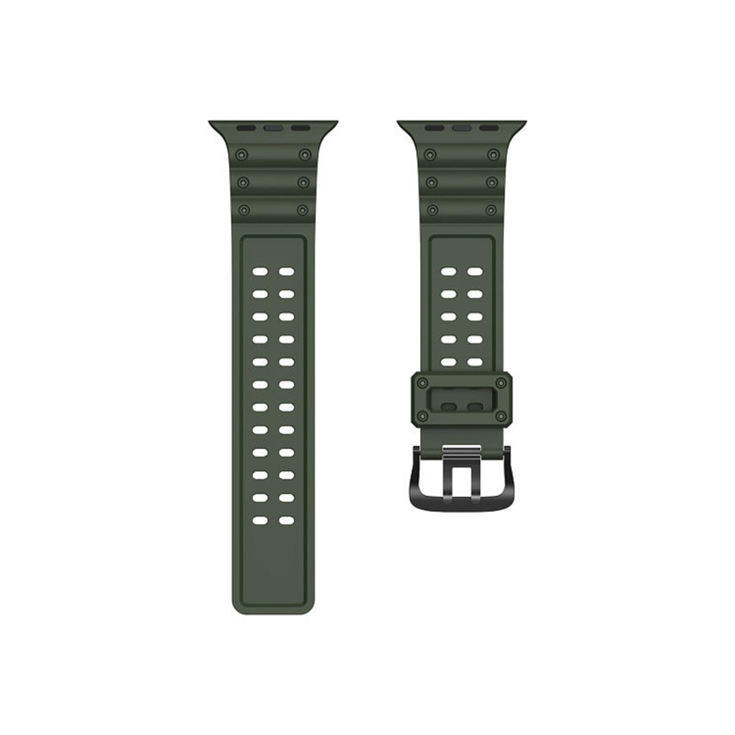 Zwei olivgrüne Uhrenarmbänder, eines mit Schnalle, das andere mit Löchern zur Anpassung.