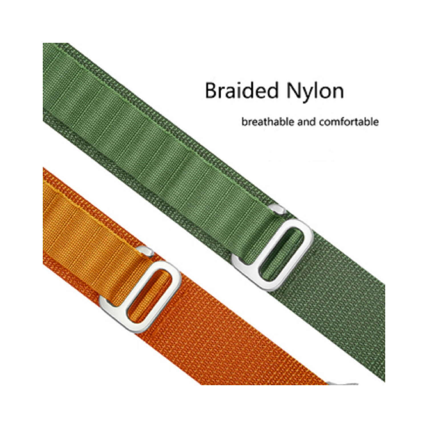 Geflochtene Nylon-Uhrenarmbänder in Grün und Orange mit Metallschnallen.